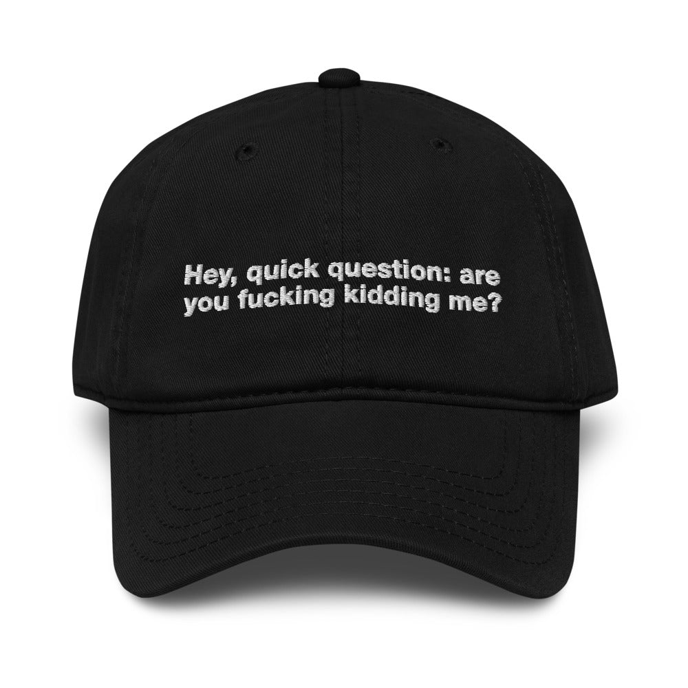 Hey Quick Question embroidered hat product photo in Black