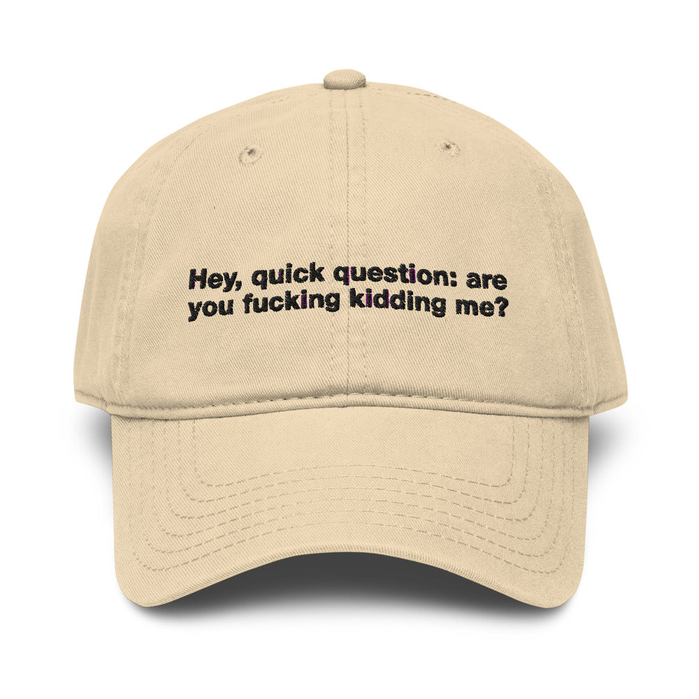 Hey Quick Question embroidered hat product photo in Khaki