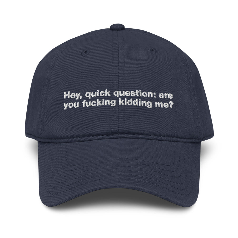 Hey Quick Question embroidered hat product photo in Navy