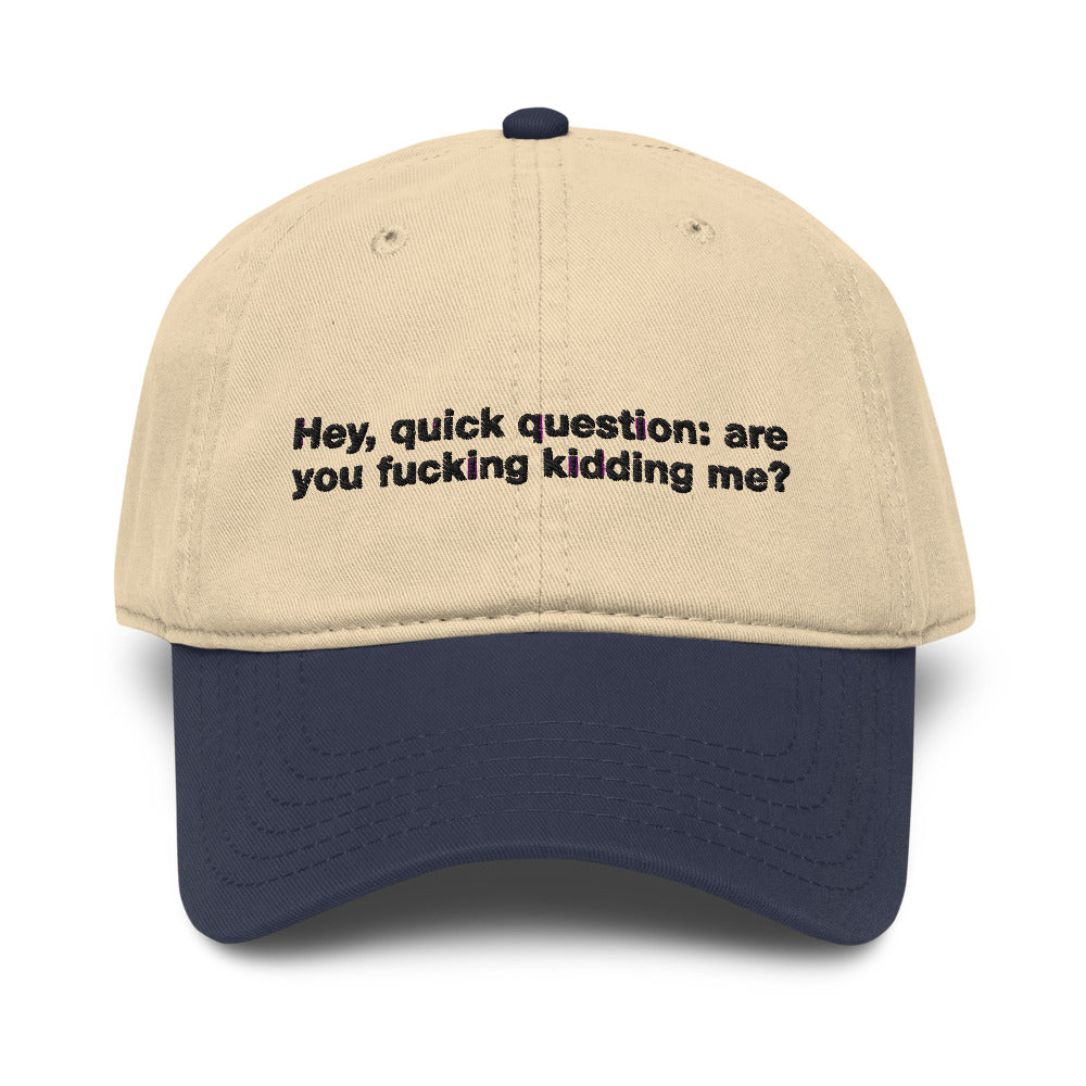 Hey Quick Question embroidered hat product photo in Navy/khaki