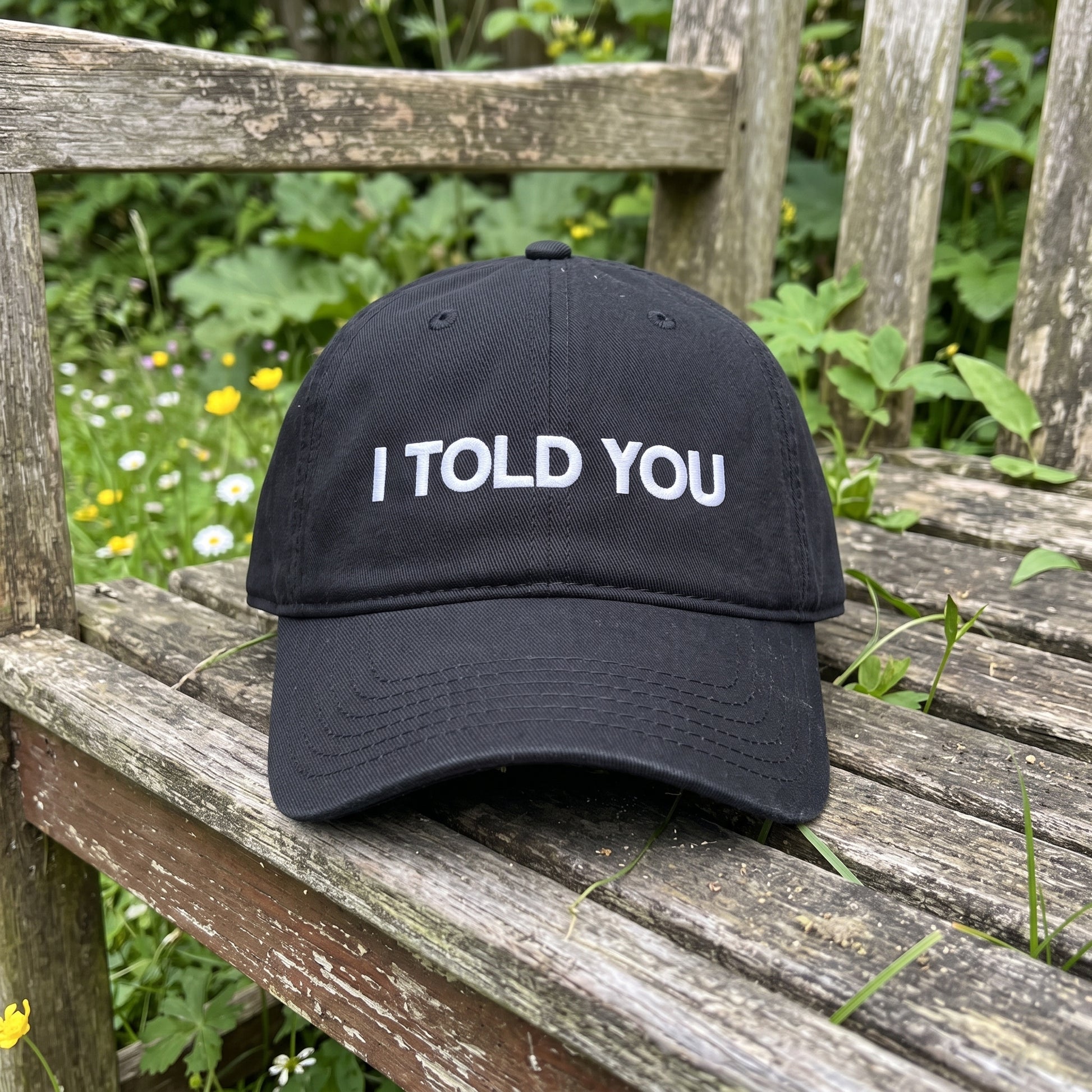 I Told You embroidered hat in Black resting on a flat surface, lifestyle image 1