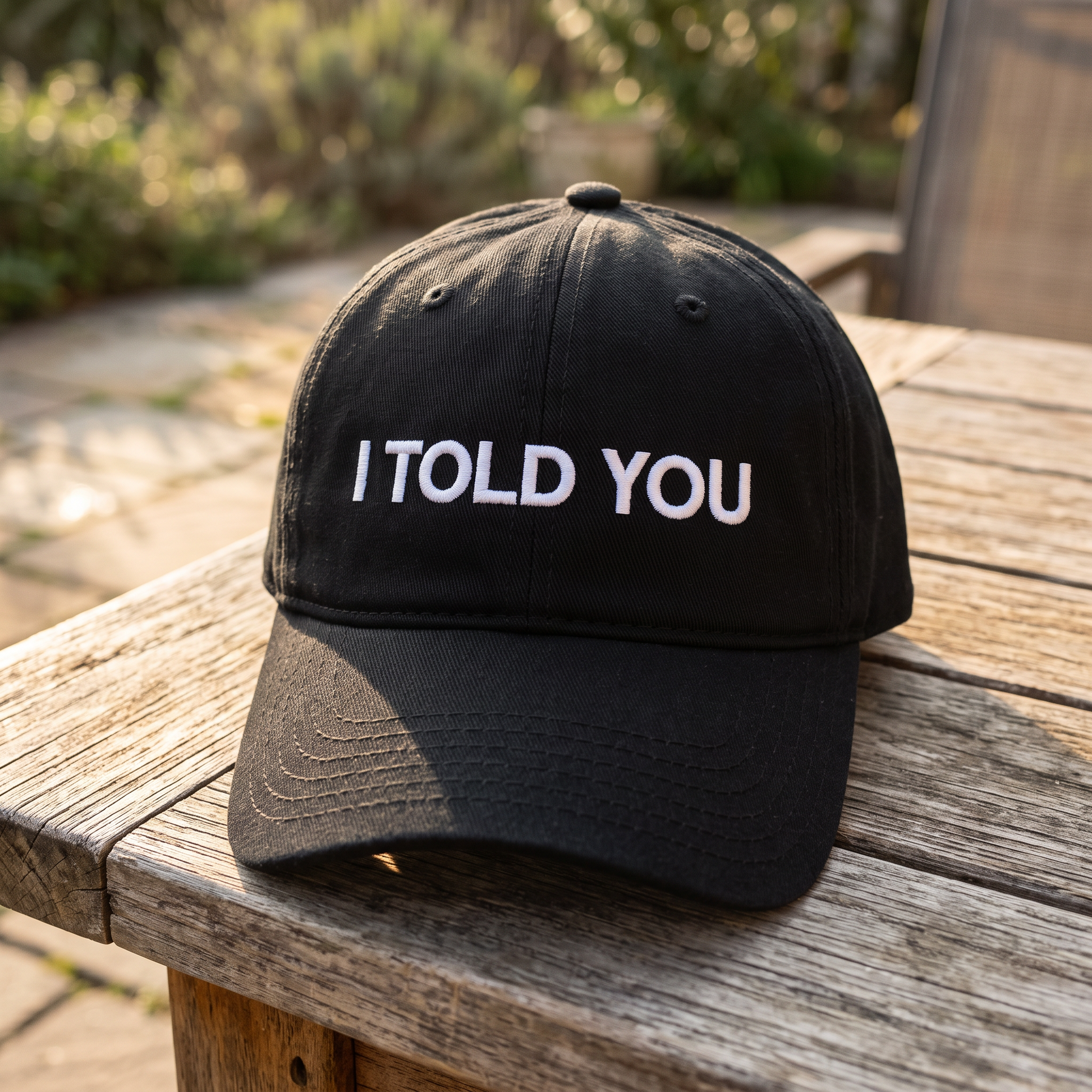I Told You embroidered hat in Black resting on a flat surface, lifestyle image 2