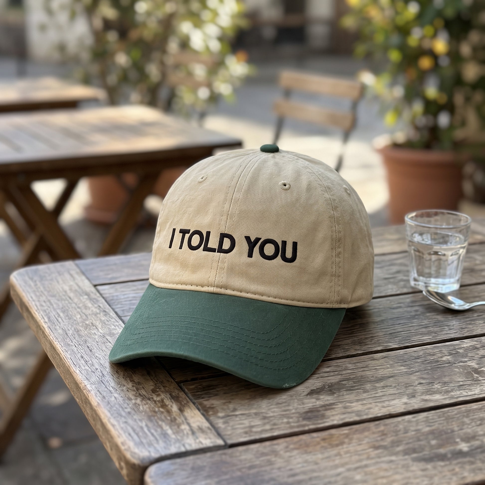 I Told You embroidered hat in Dark Green/khaki resting on a flat surface, lifestyle image 2