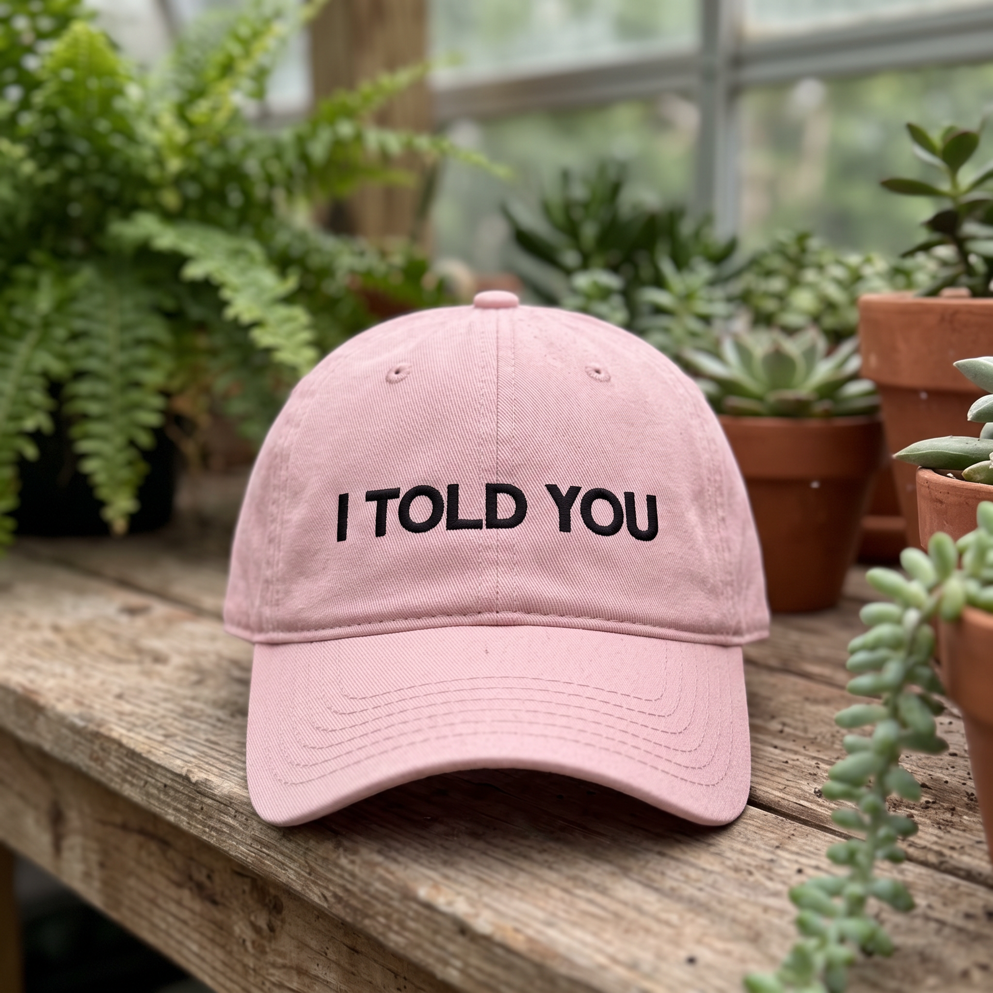 I Told You embroidered hat in Dusty Rose resting on a flat surface, lifestyle image 1
