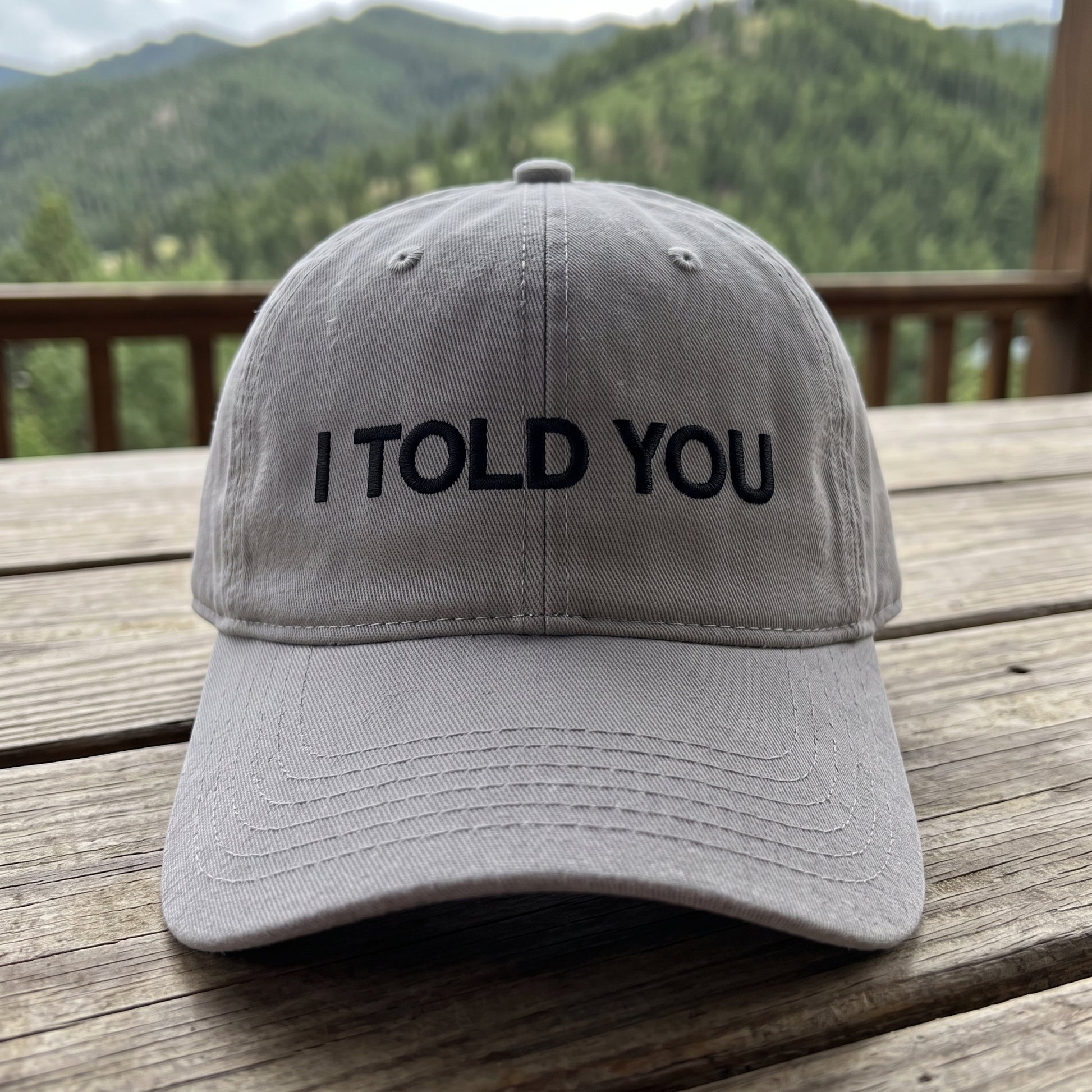 I Told You embroidered hat in Gray resting on a flat surface, lifestyle image 1