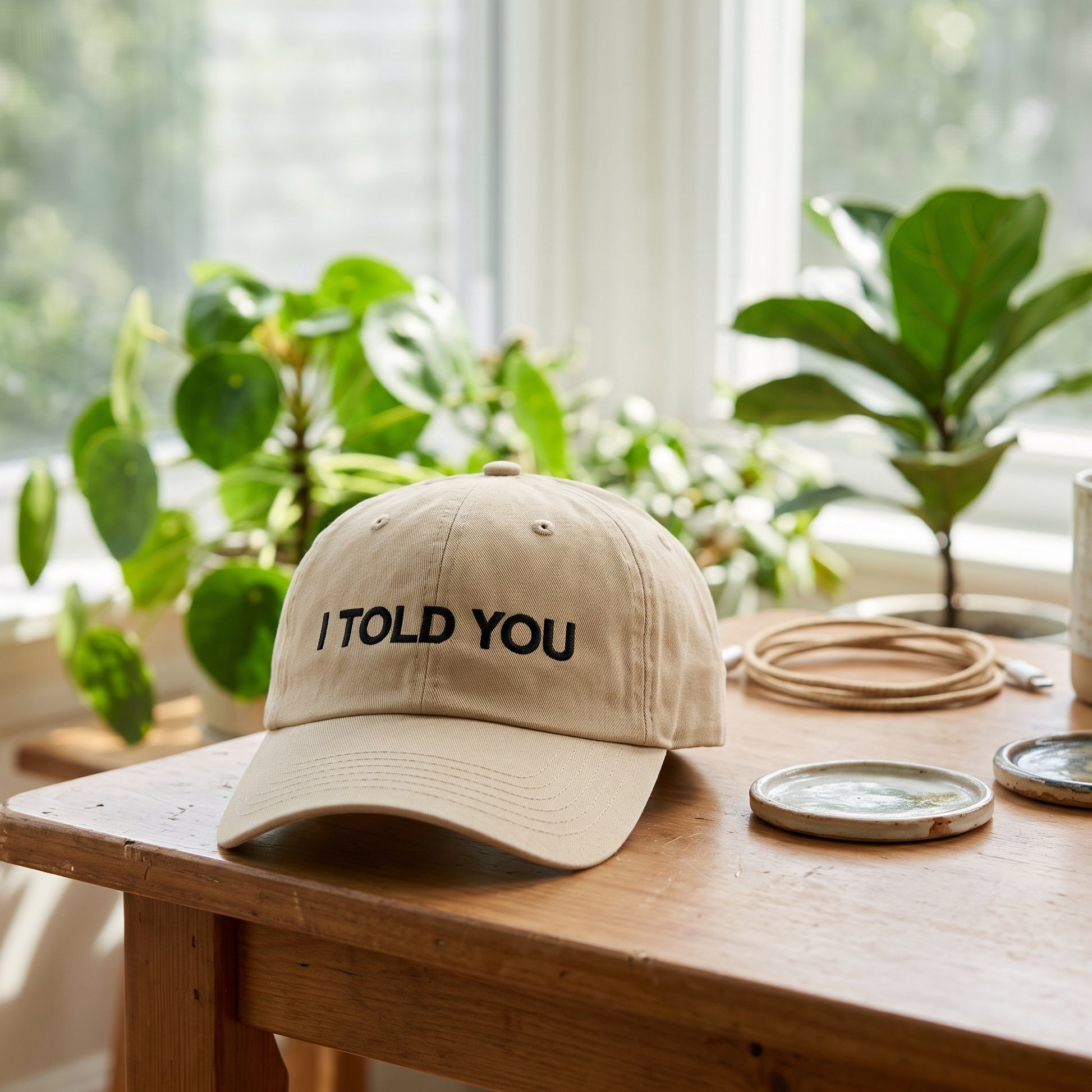 I Told You embroidered hat in Khaki resting on a flat surface, lifestyle image 2