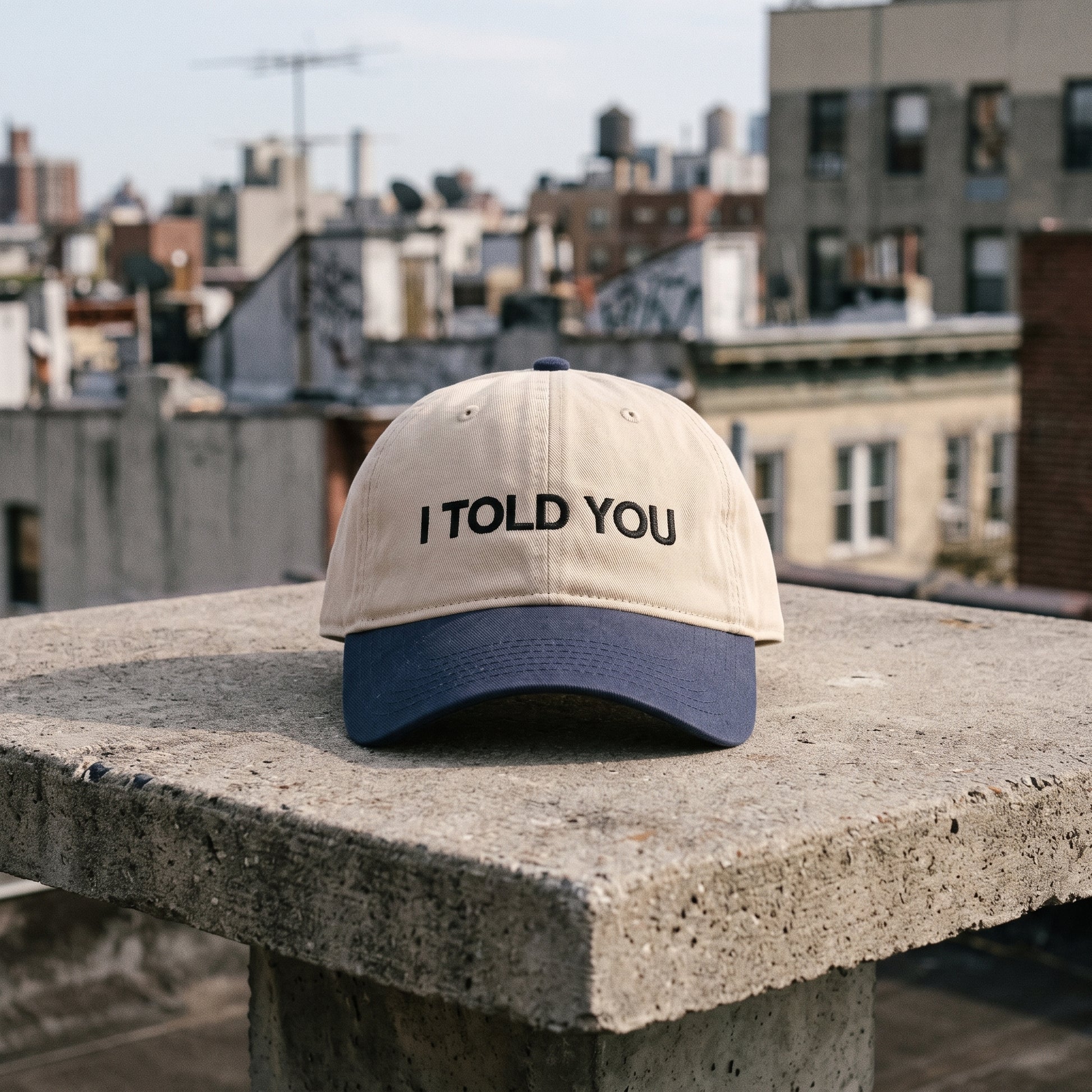I Told You embroidered hat in Navy/khaki resting on a flat surface, lifestyle image 1