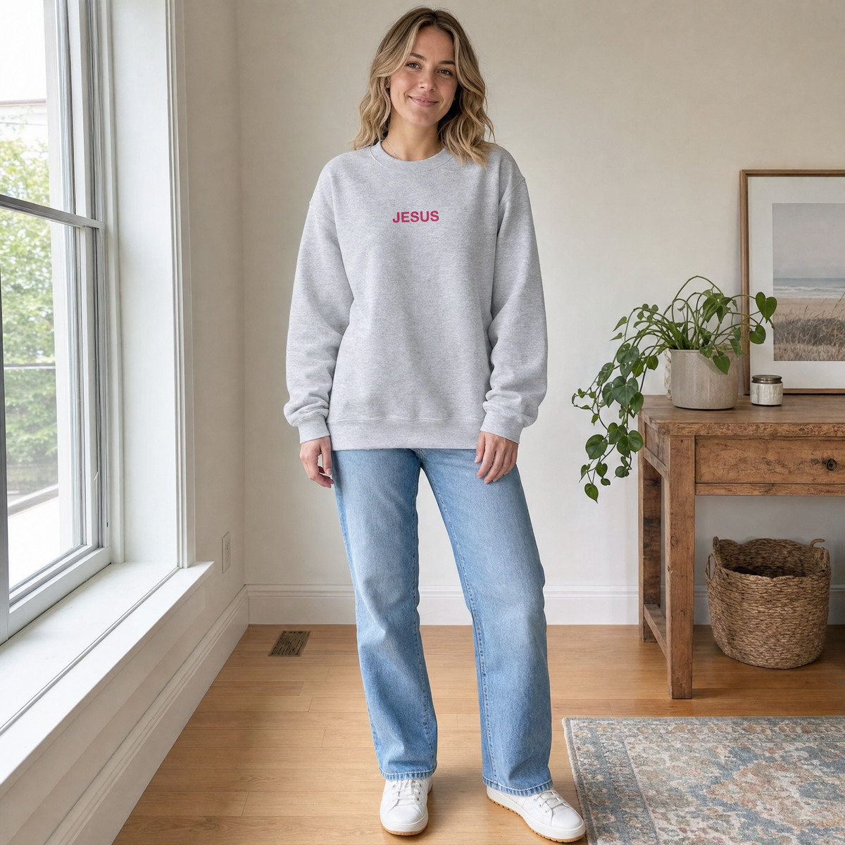 Model wearing the JESUS Pink Lettering Sweatshirt sweatshirt in Sport Grey, lifestyle image 1