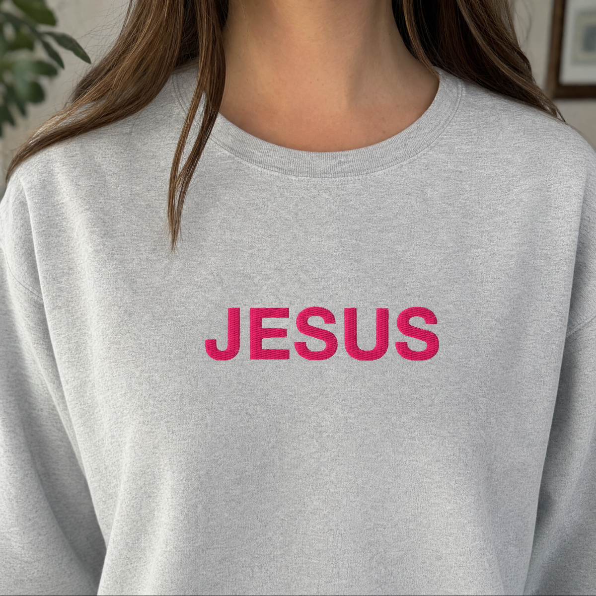 Model wearing the JESUS Pink Lettering Sweatshirt sweatshirt in Sport Grey, lifestyle image 2