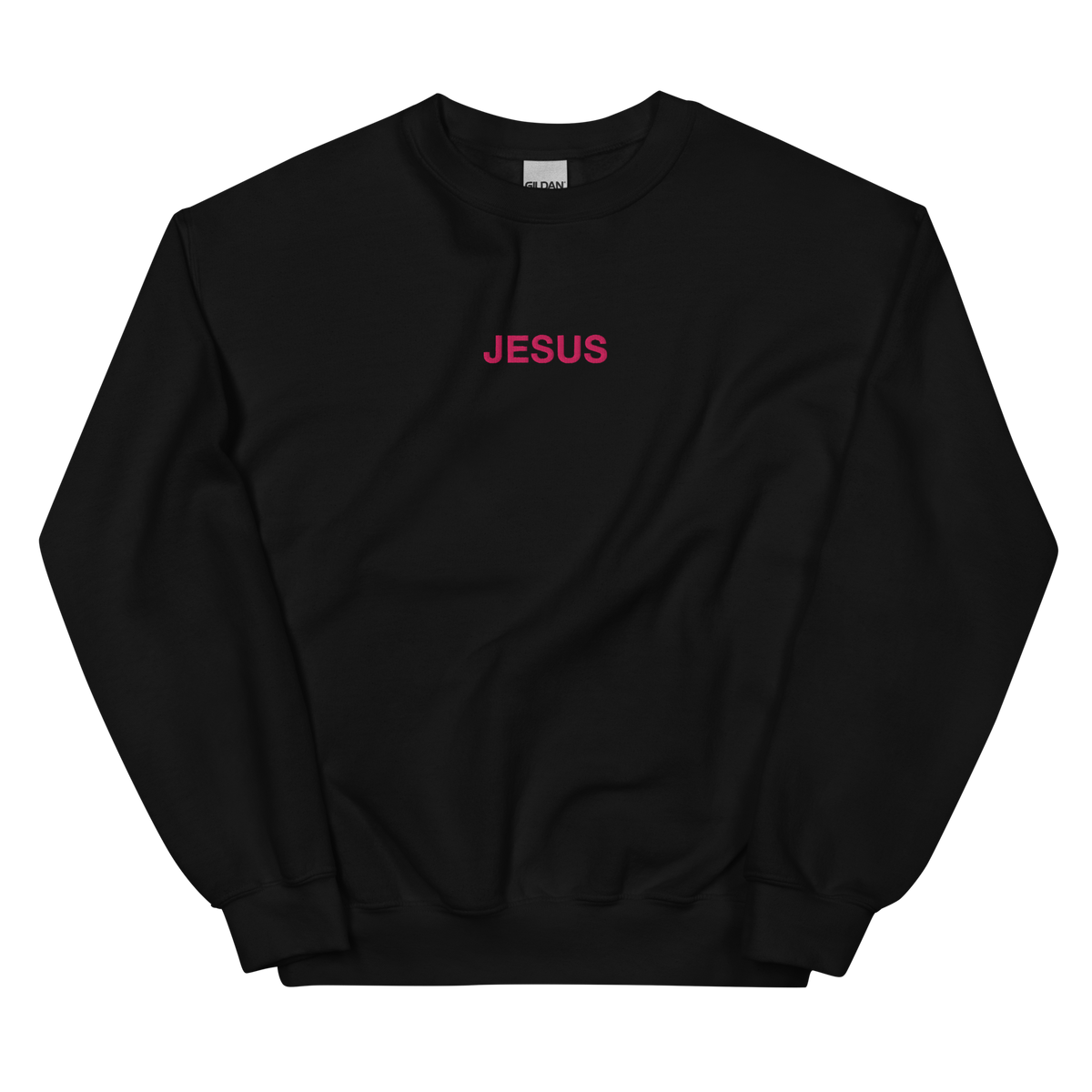 JESUS Pink Lettering Sweatshirt graphic on Gildan 18000 in Black