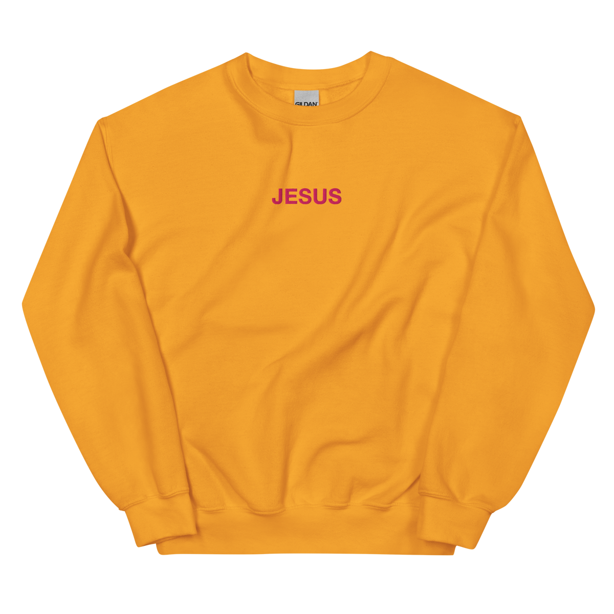 JESUS Pink Lettering Sweatshirt graphic on Gildan 18000 in Gold