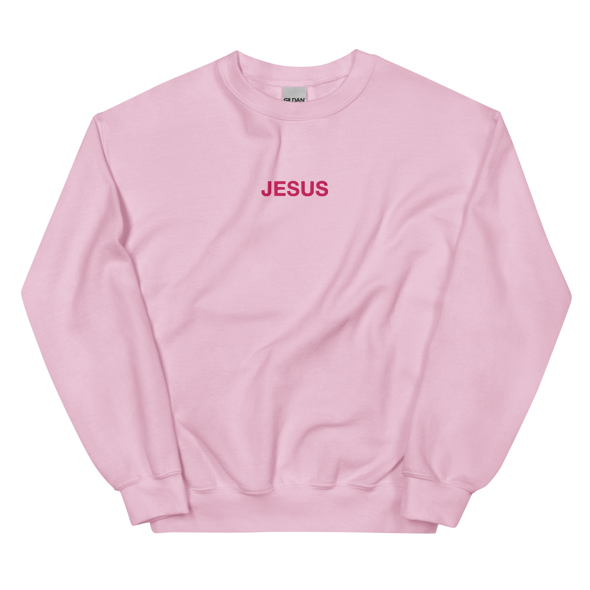 JESUS Pink Lettering Sweatshirt graphic on Gildan 18000 in Light Pink