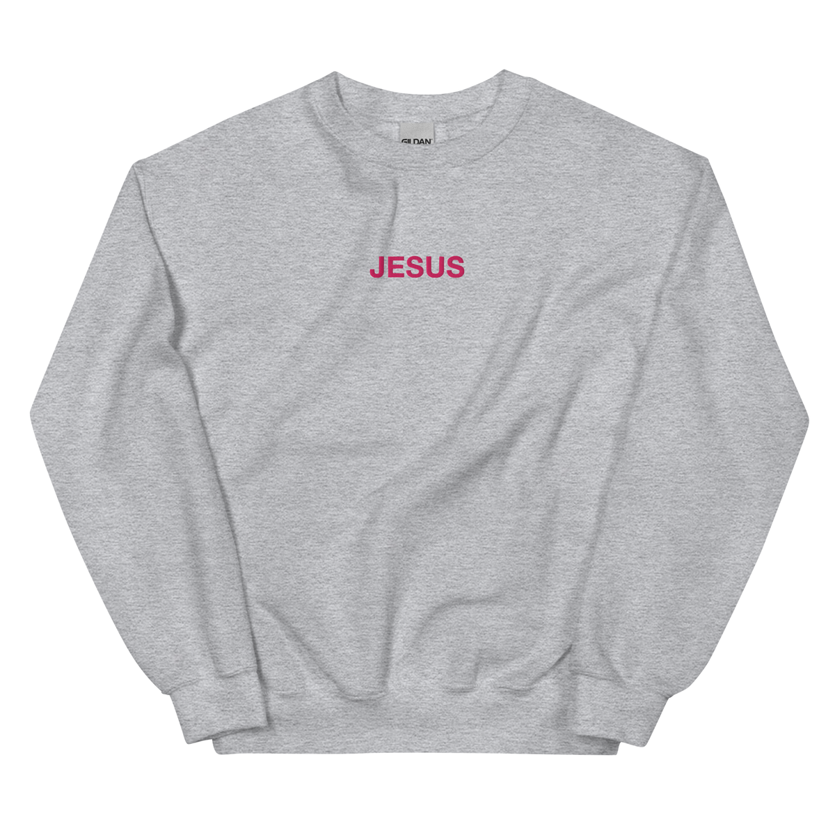JESUS Pink Lettering Sweatshirt graphic on Gildan 18000 in Sport Grey
