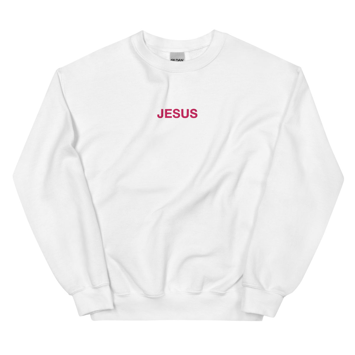 JESUS Pink Lettering Sweatshirt graphic on Gildan 18000 in White