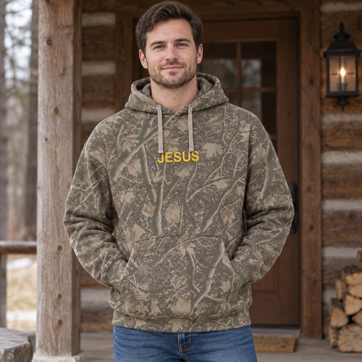 Model wearing the JESUS Text heavyweight hoodie in Light Tree Camo, lifestyle image 1
