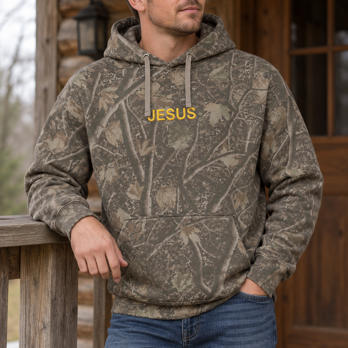 Model wearing the JESUS Text heavyweight hoodie in Light Tree Camo, lifestyle image 2