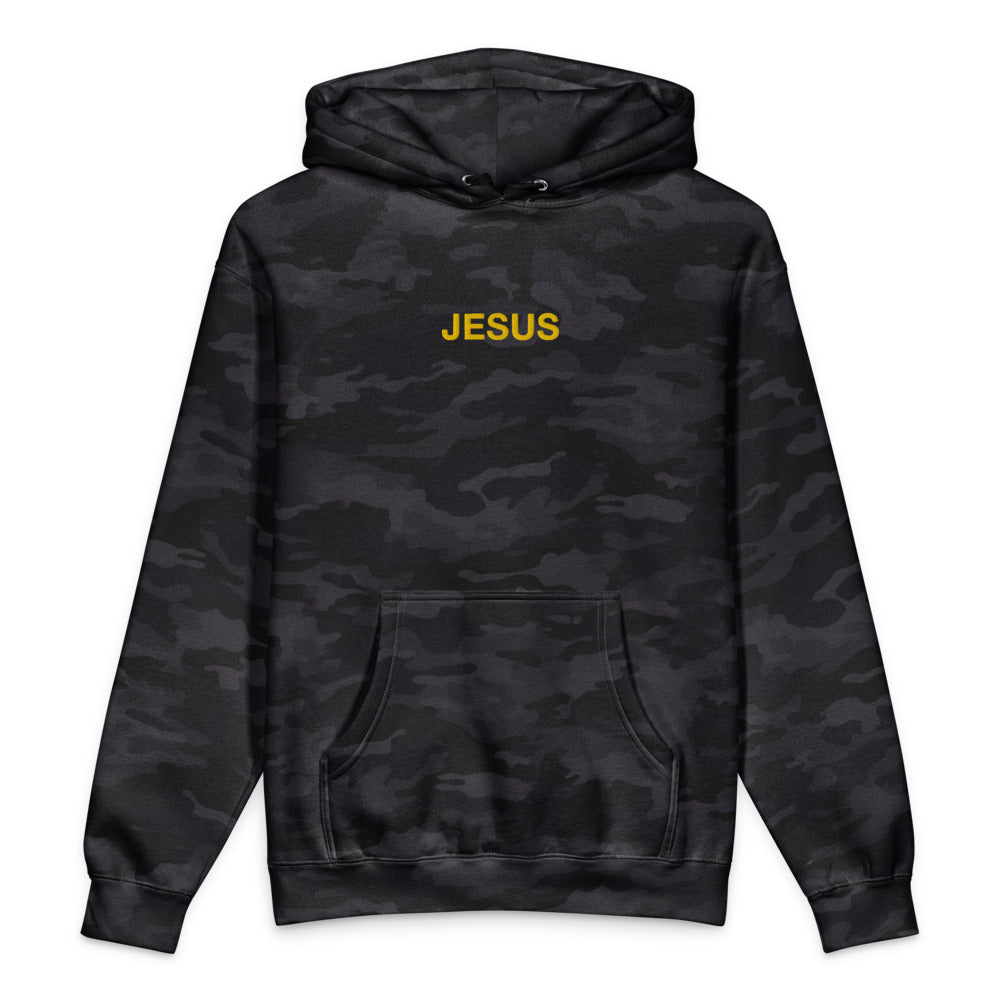 JESUS Text graphic on Independent Trading Co. IND4000 in Black Camo