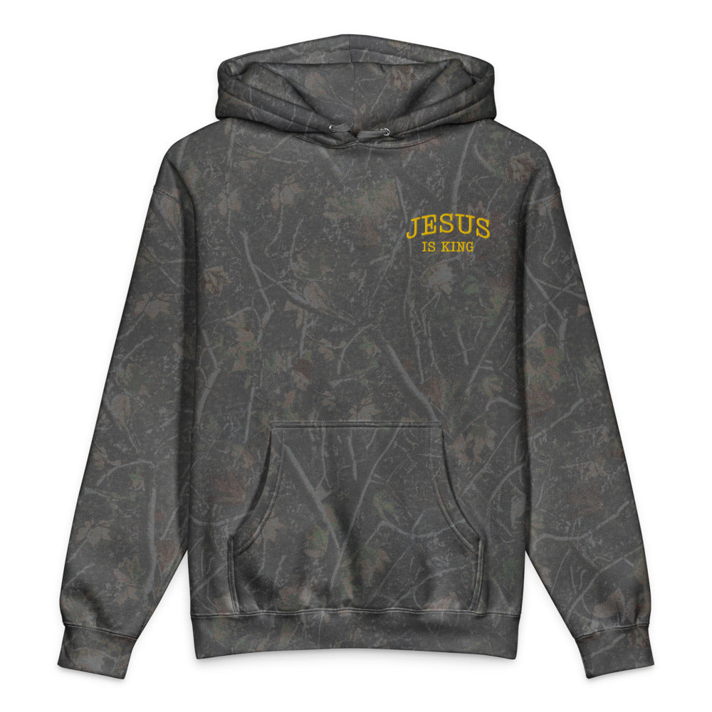 Jesus Is King graphic on Independent Trading Co. IND4000 in Darkwood Tree Camo