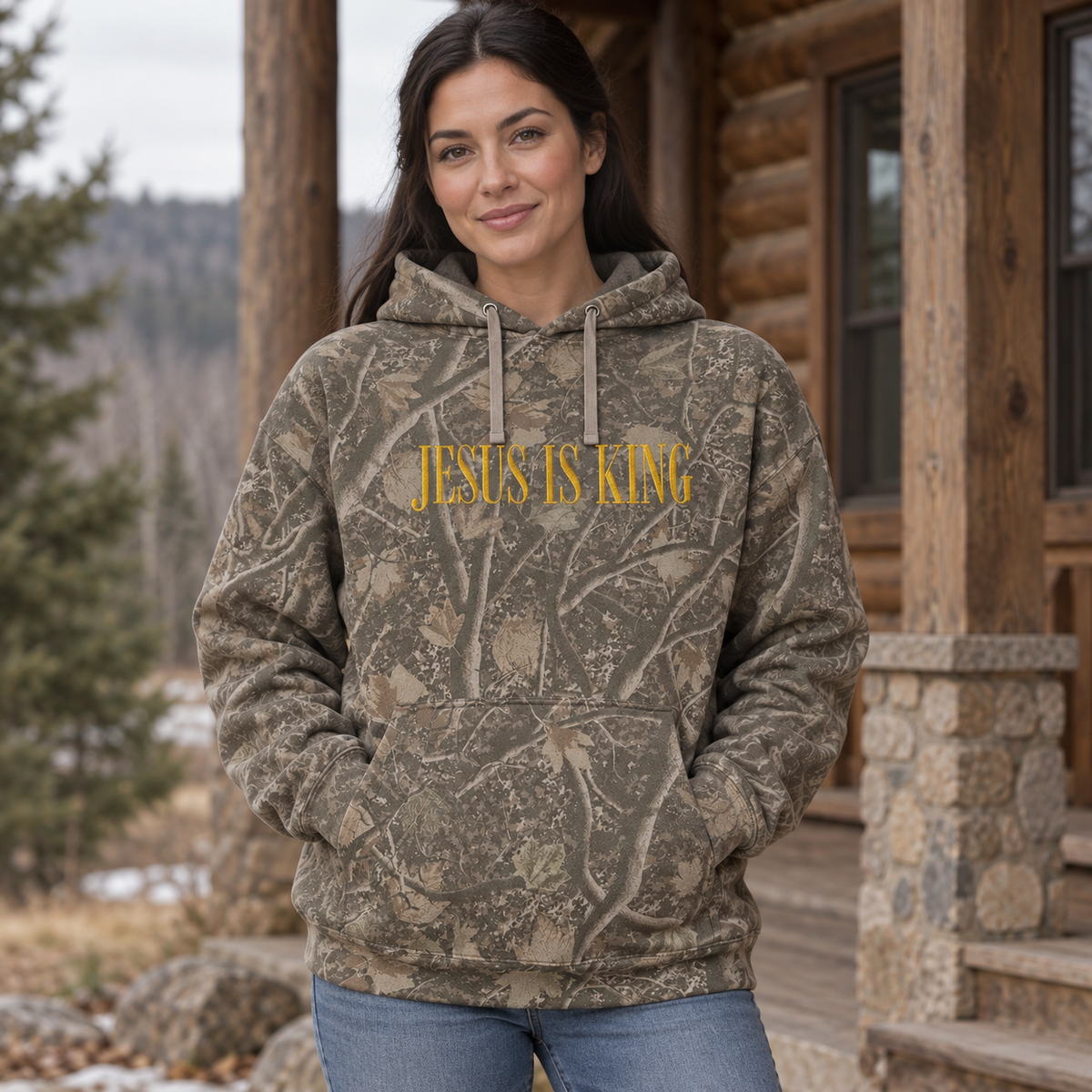 Model wearing the Jesus Is King heavyweight hoodie in Light Tree Camo, lifestyle image 1