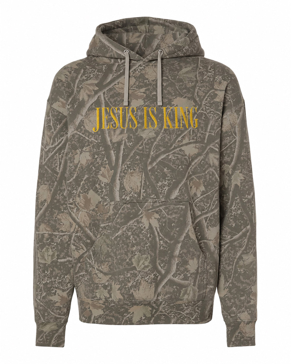 Jesus Is King graphic on Independent Trading Co. IND4000 in Light Tree Camo