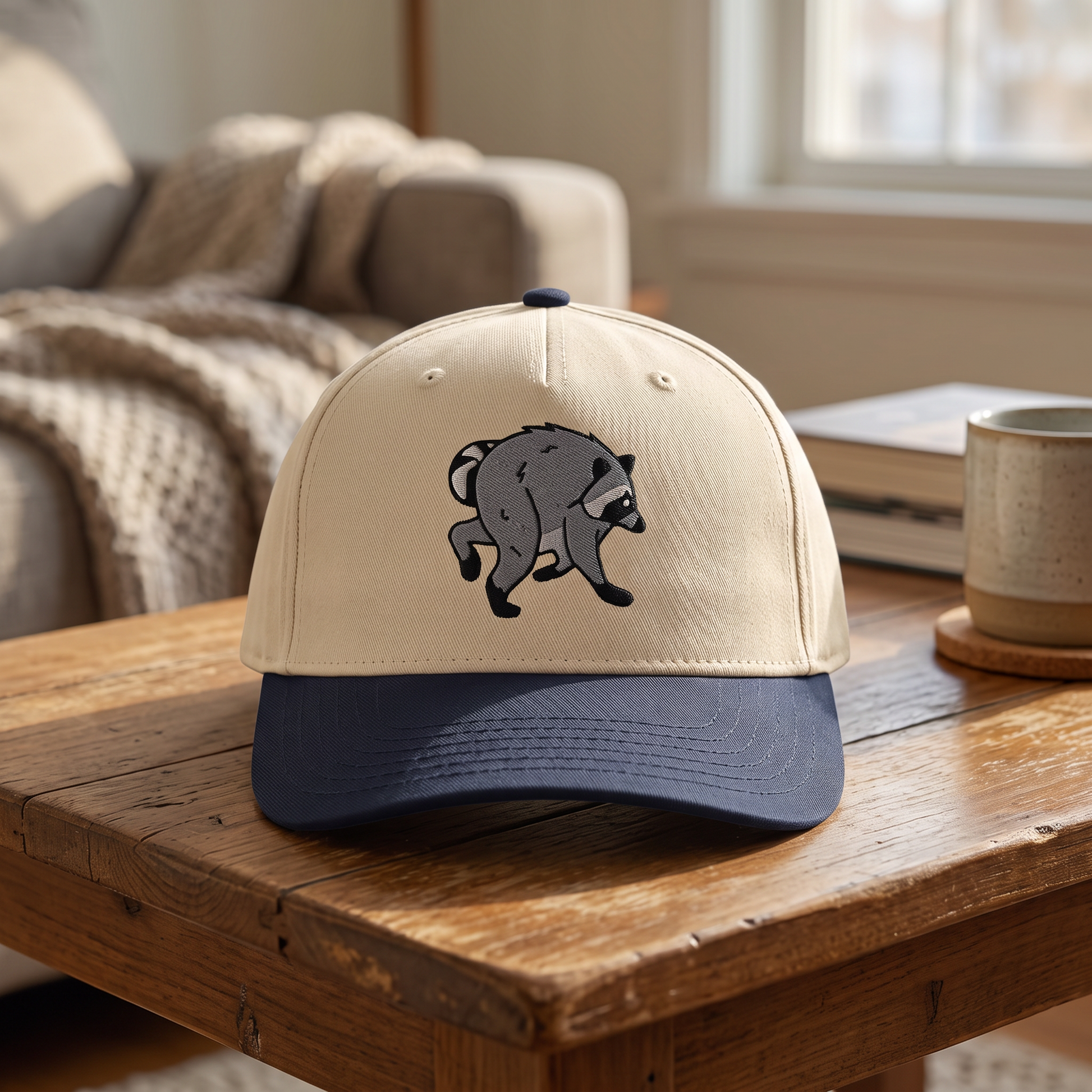 Jimothy Raccoon embroidered hat in Navy/natural resting on a flat surface