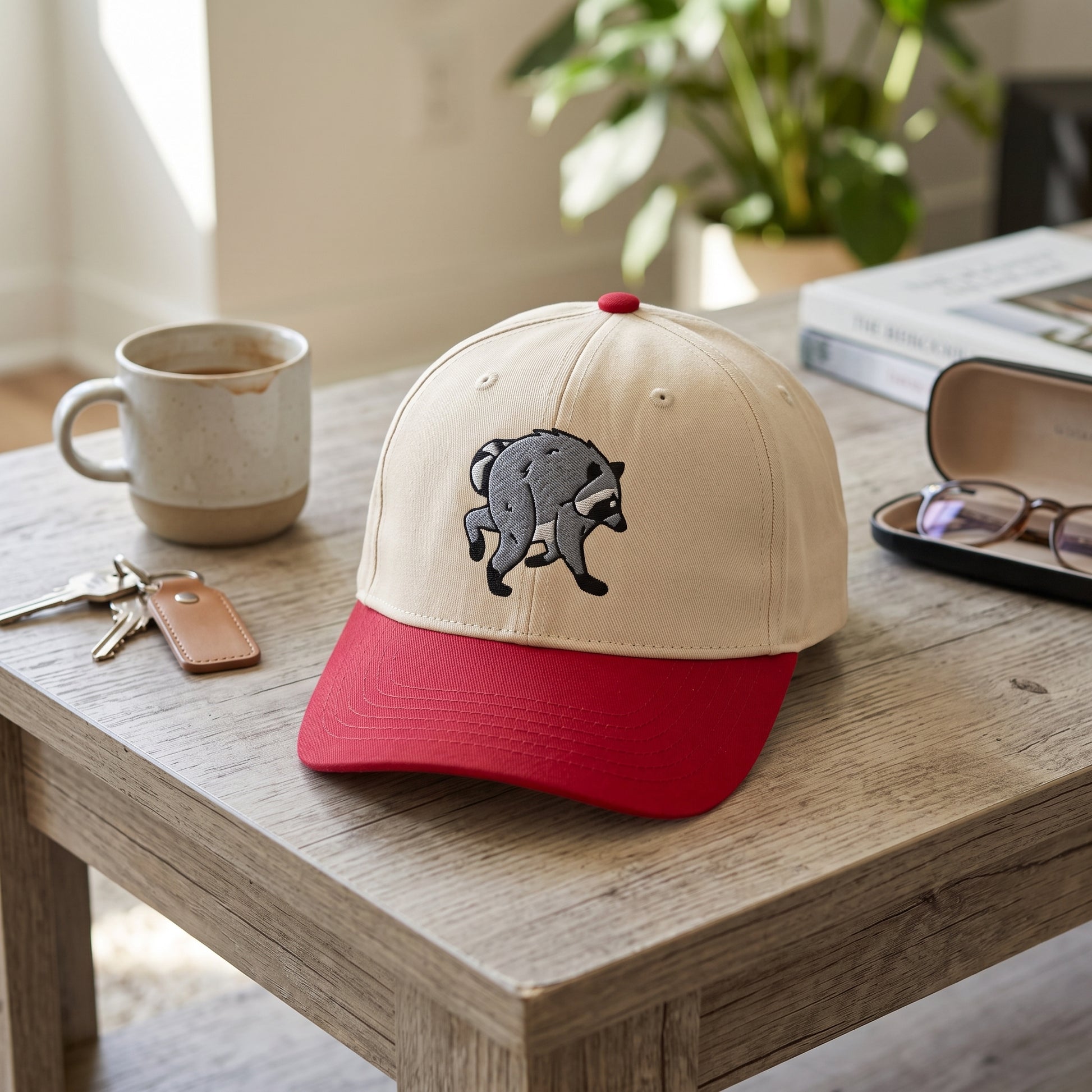 Jimothy Raccoon embroidered hat in Red/natural resting on a flat surface