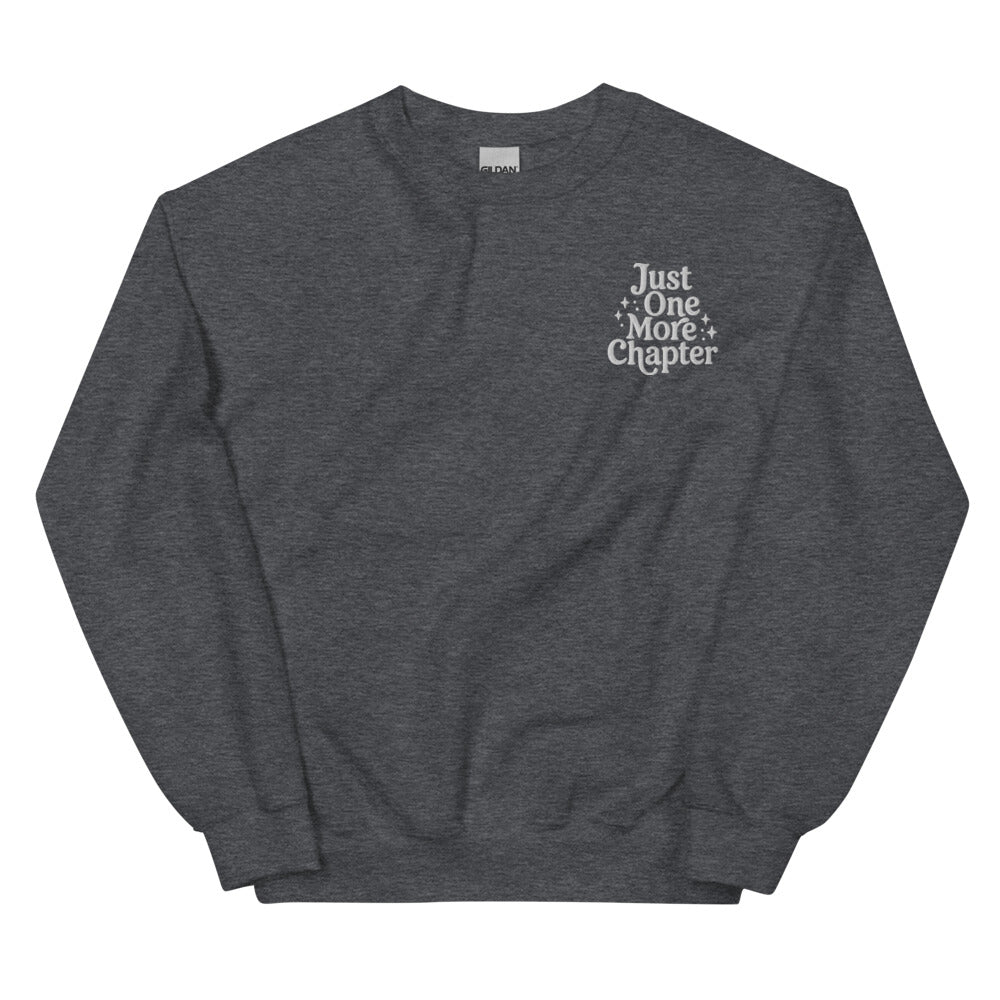Just One More Chapter graphic on Gildan 18000 in Dark Heather