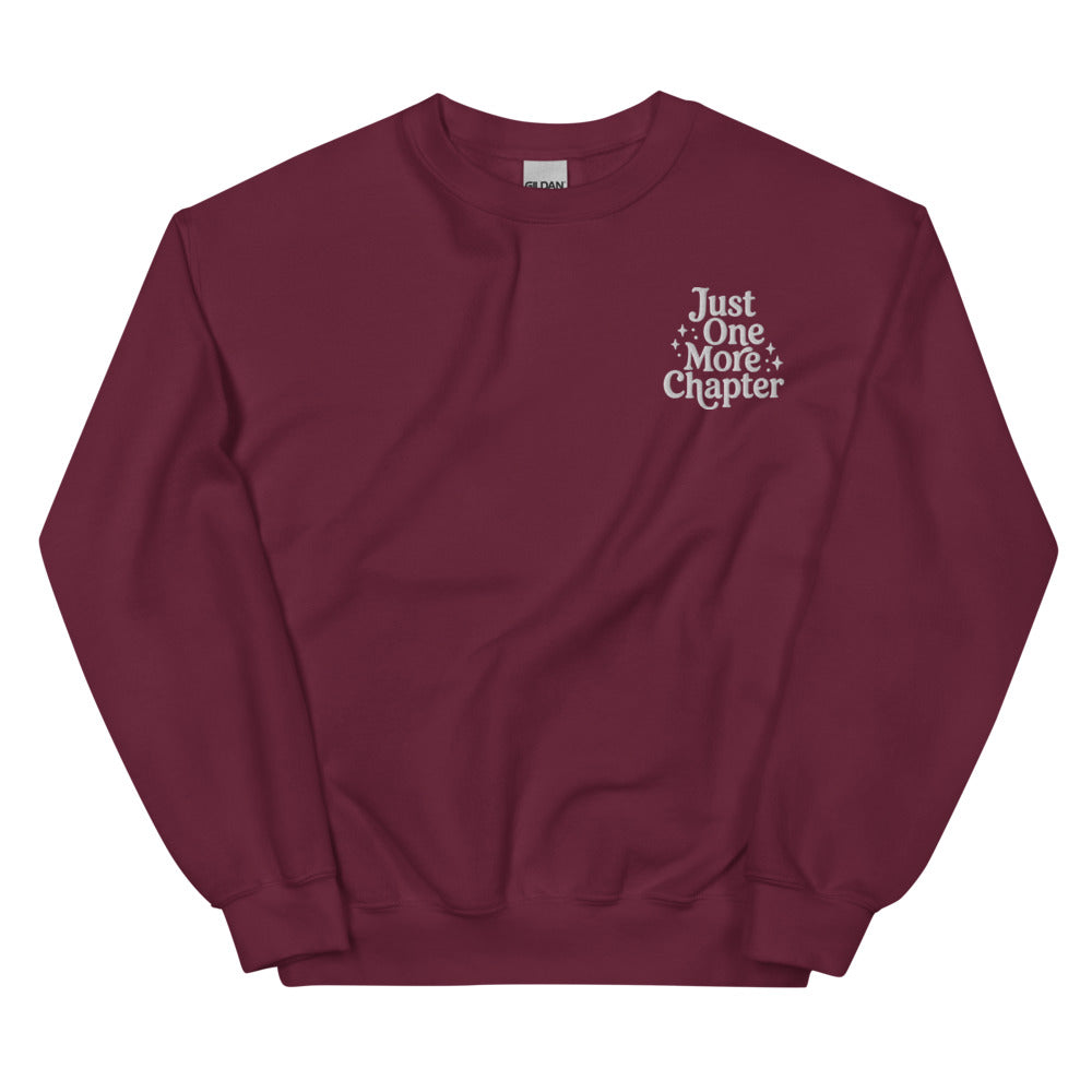 Just One More Chapter graphic on Gildan 18000 in Maroon