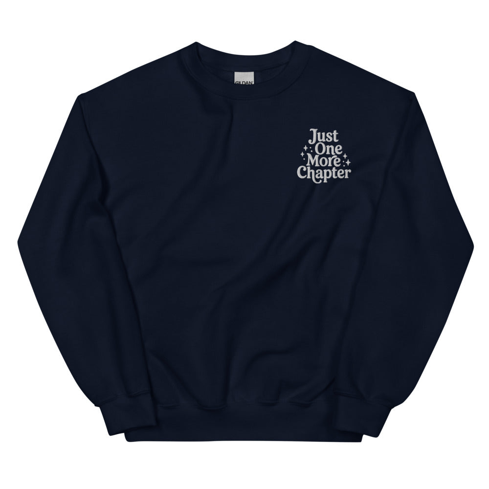 Just One More Chapter graphic on Gildan 18000 in Navy