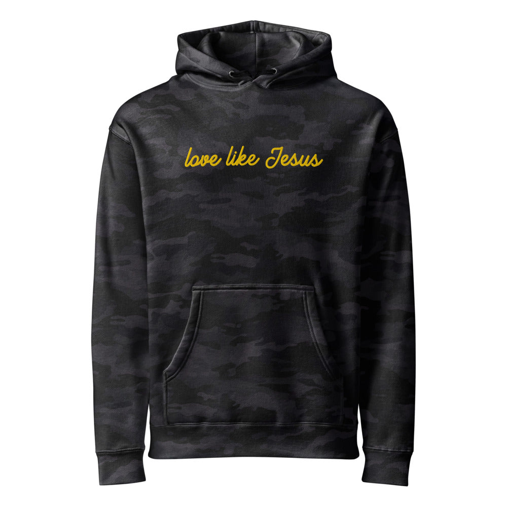 Love Like Jesus graphic on Independent Trading Co. IND4000 in Black Camo