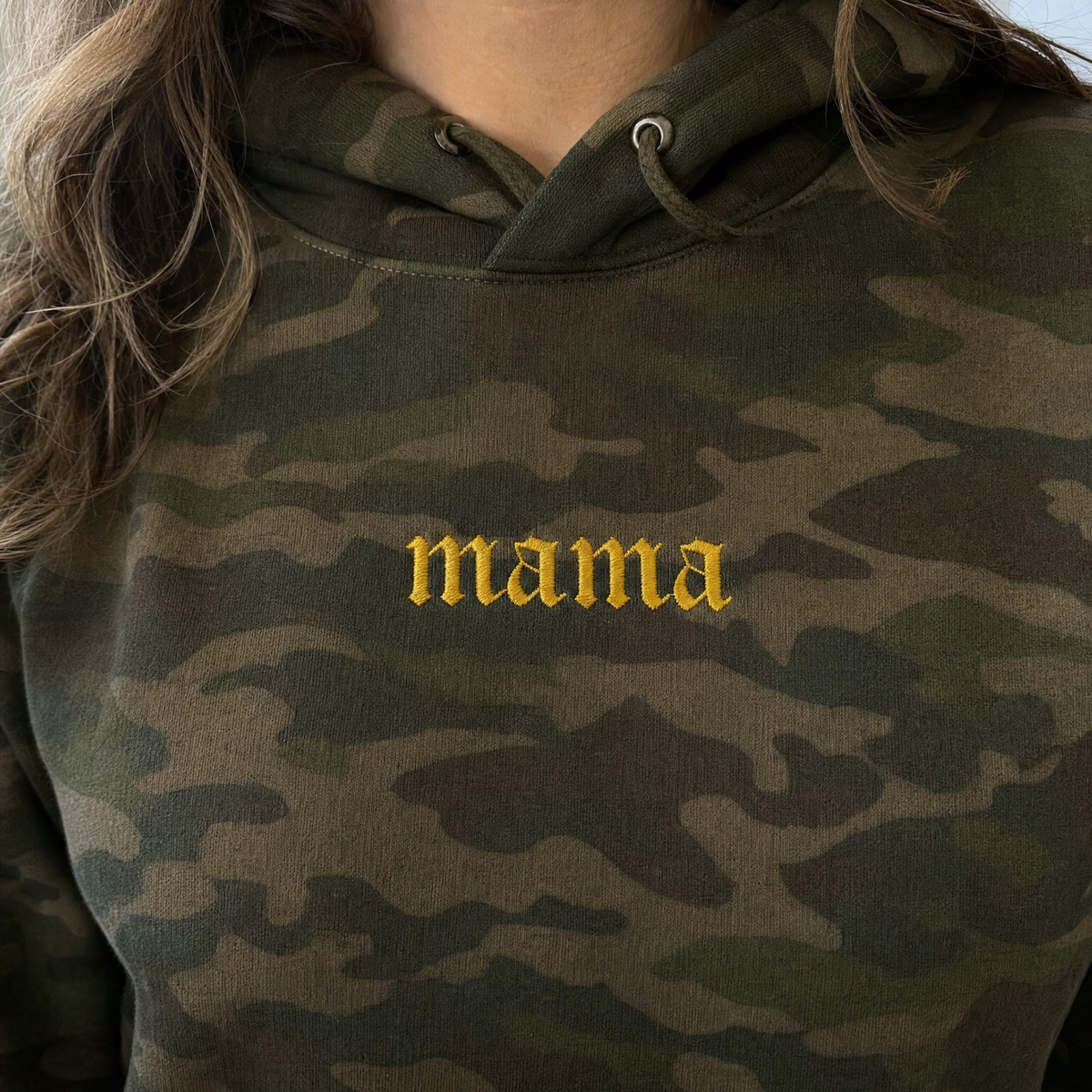 Model wearing the Mama heavyweight hoodie in Forest Camo, lifestyle image 2
