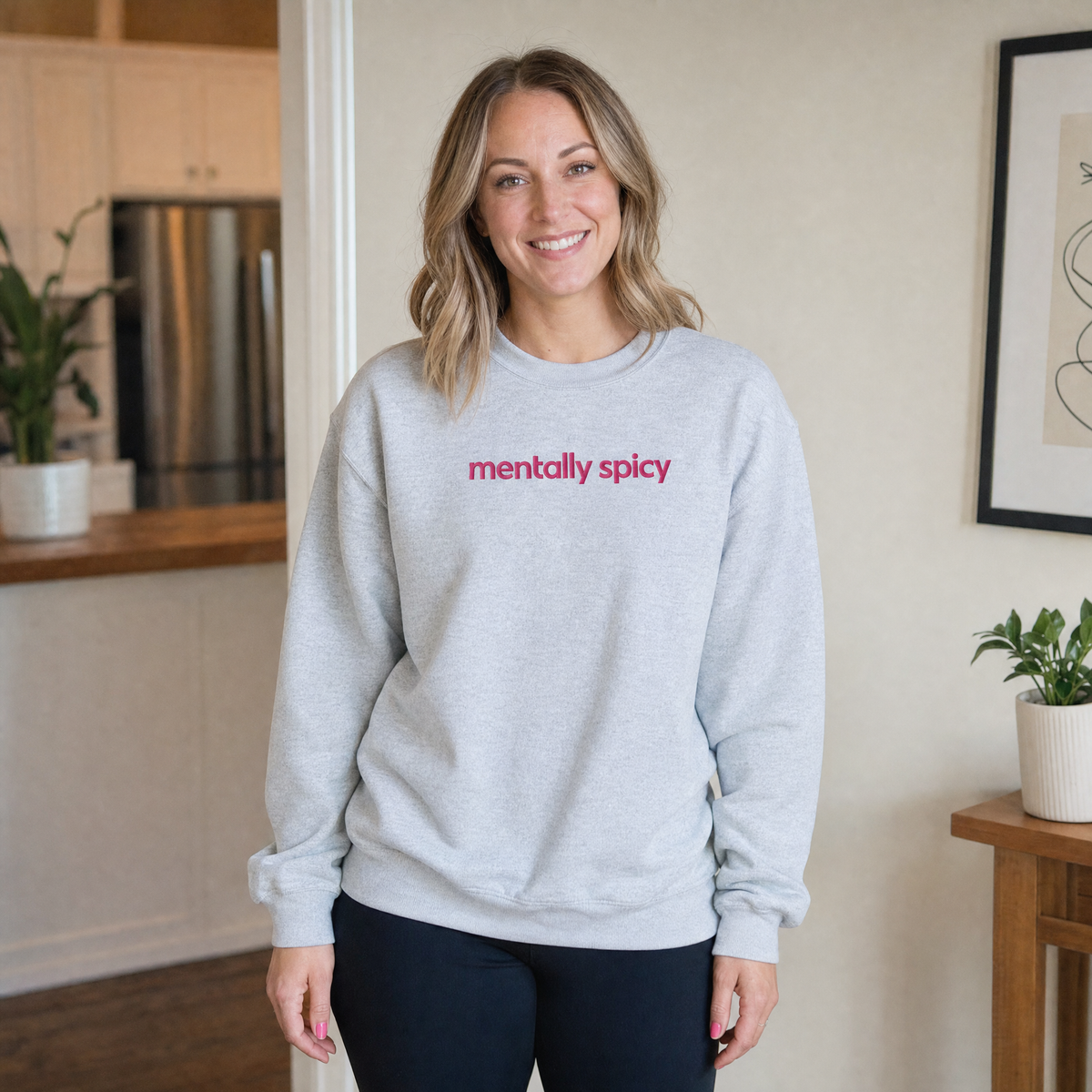Model wearing the Mentally Spicy sweatshirt in Ash, lifestyle image 1