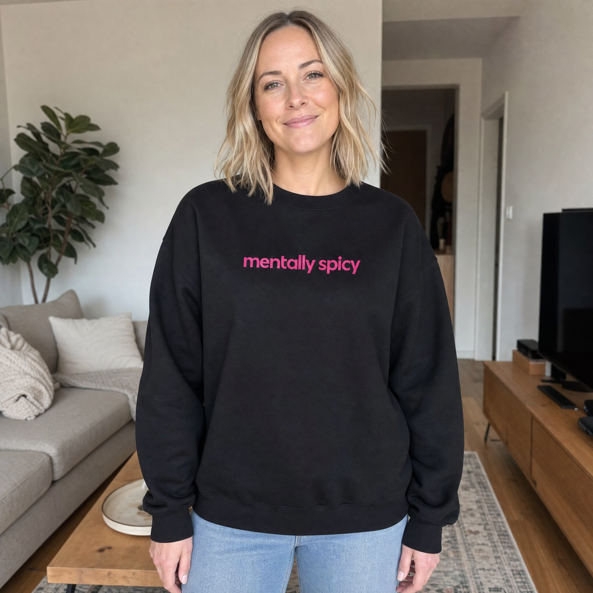 Model wearing the Mentally Spicy sweatshirt in Black, cover image 1