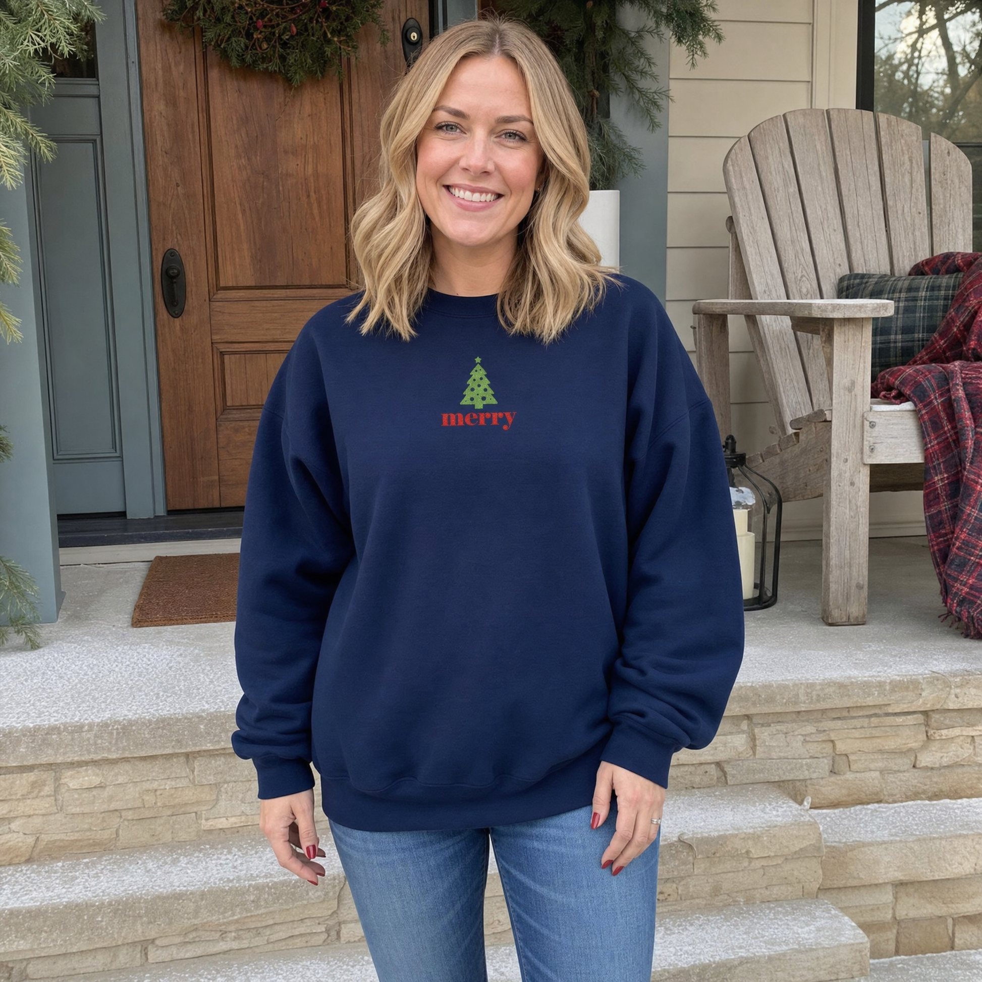 Model wearing the Merry Christmas Tree sweatshirt in Navy, lifestyle image 1