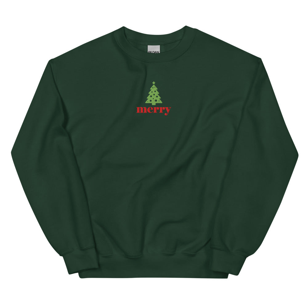 Merry Christmas Tree graphic on Gildan 18000 in Forest Green