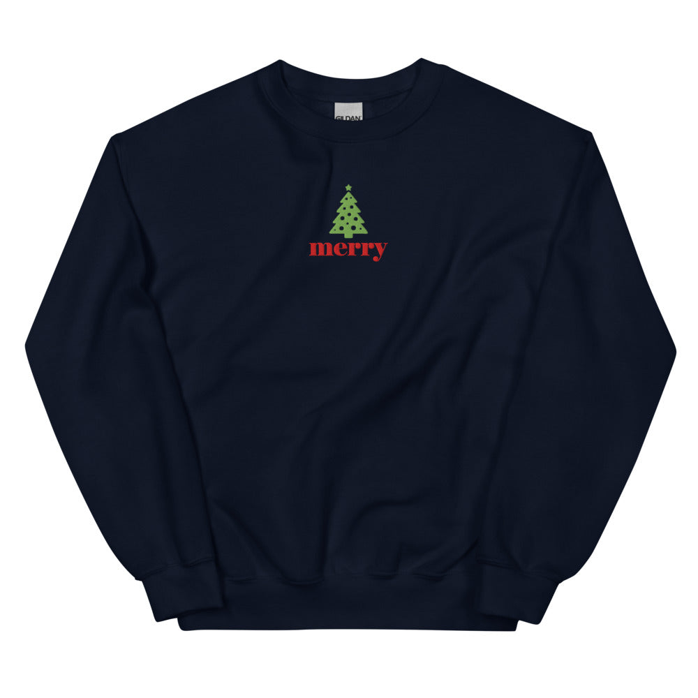 Merry Christmas Tree graphic on Gildan 18000 in Navy