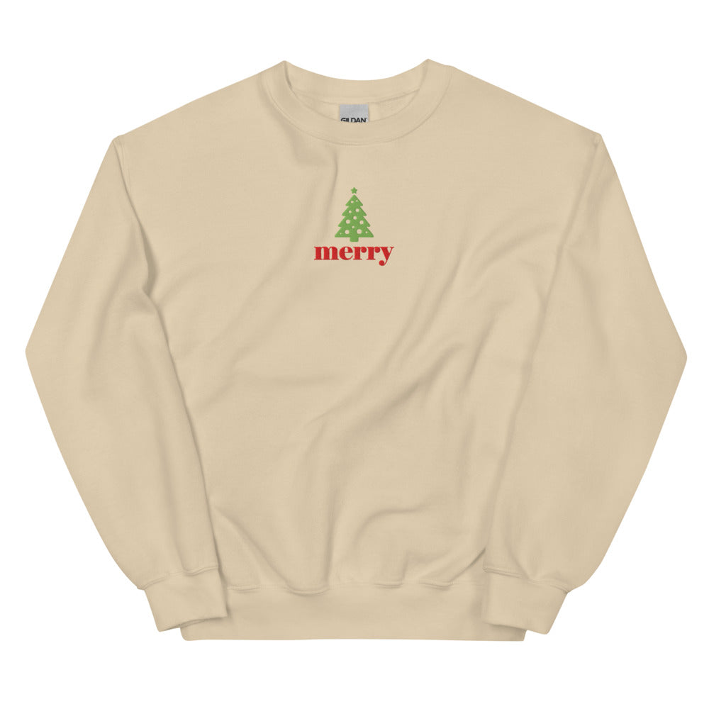 Merry Christmas Tree graphic on Gildan 18000 in Sand