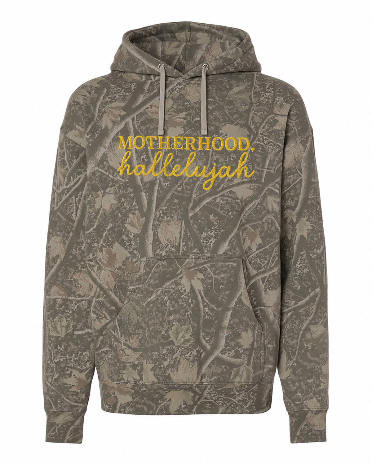 Motherhood Hallelujah graphic on Independent Trading Co. IND4000 in Light Tree Camo