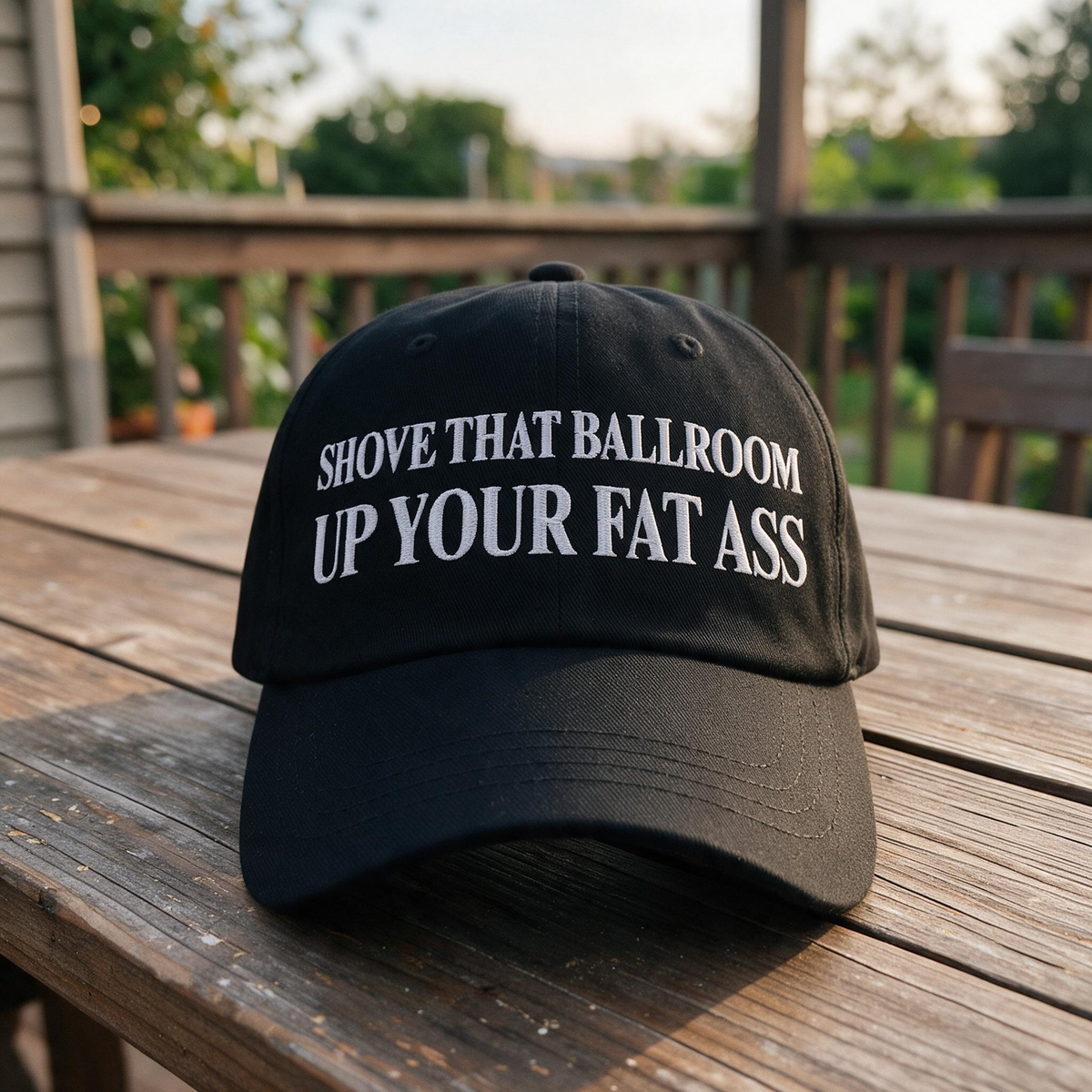 Shove That Ballroom Up Your Fat Ass embroidered hat in Black resting on a flat surface, lifestyle image 2