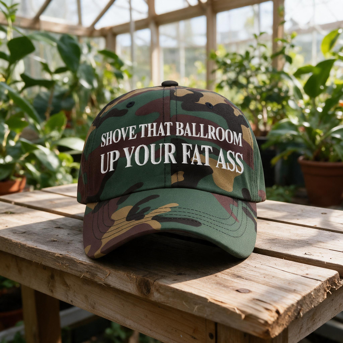 Shove That Ballroom Up Your Fat Ass embroidered hat in Green Camo resting on a flat surface, lifestyle image 1