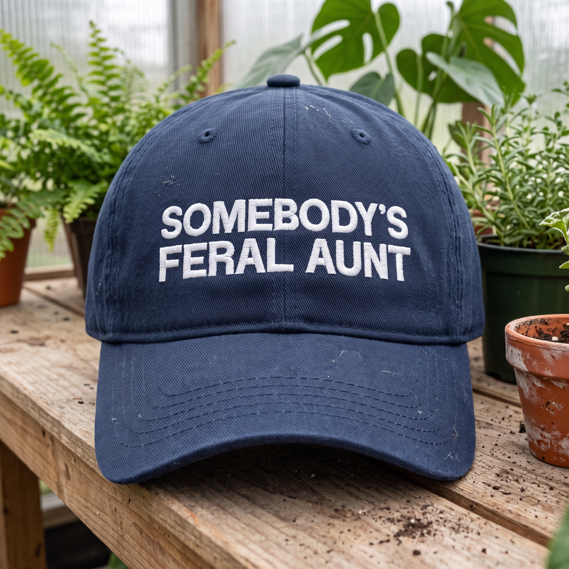 Somebody's Feral Aunt embroidered hat in Navy resting on a flat surface, lifestyle image 1
