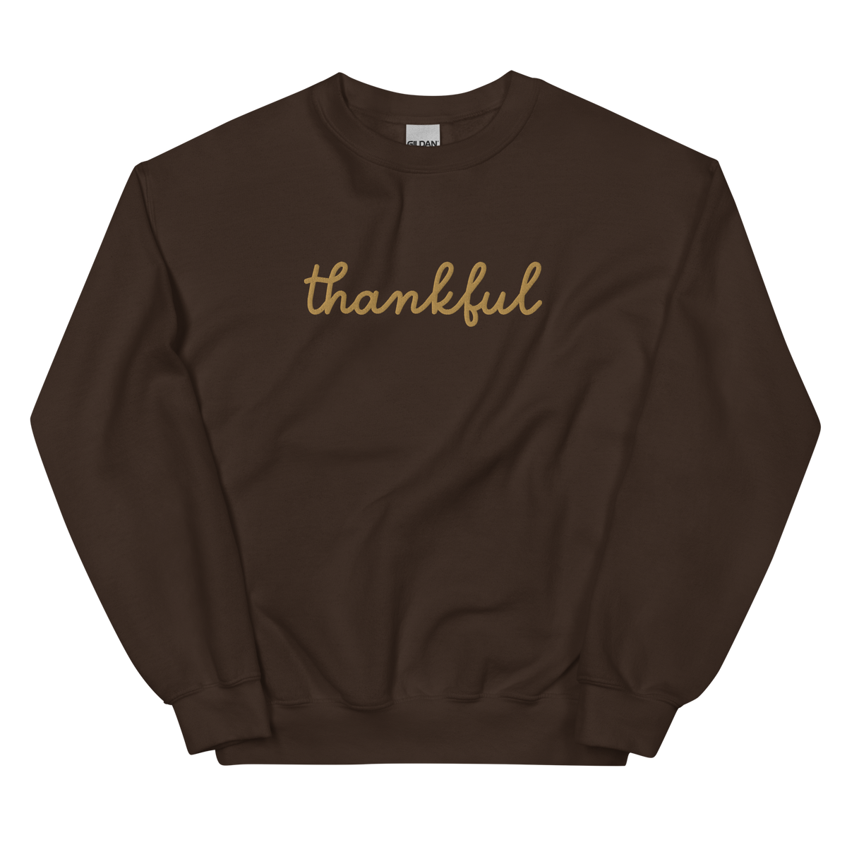 Thankful Script Sweatshirt graphic on Gildan 18000 in Dark Chocolate