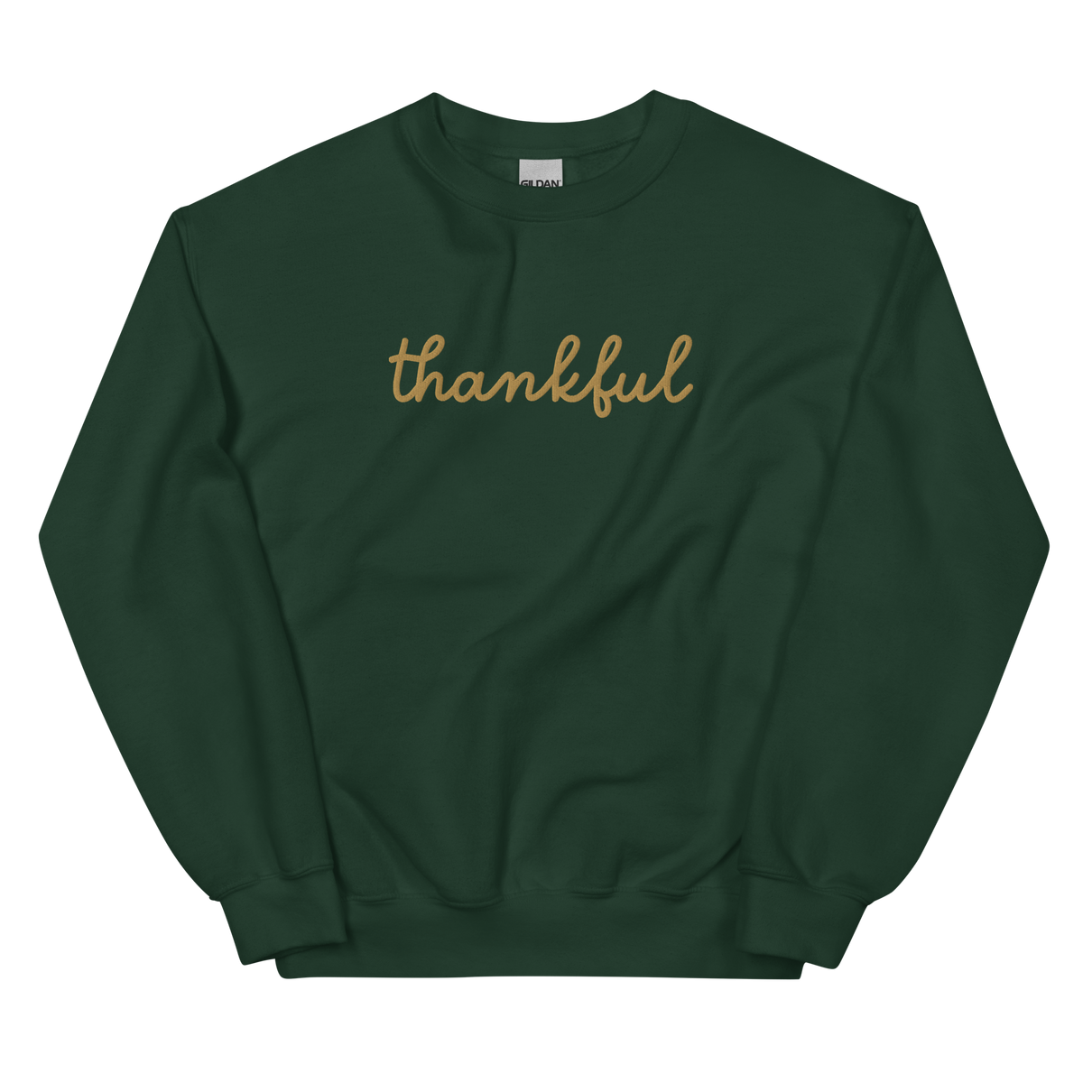 Thankful Script Sweatshirt graphic on Gildan 18000 in Forest Green