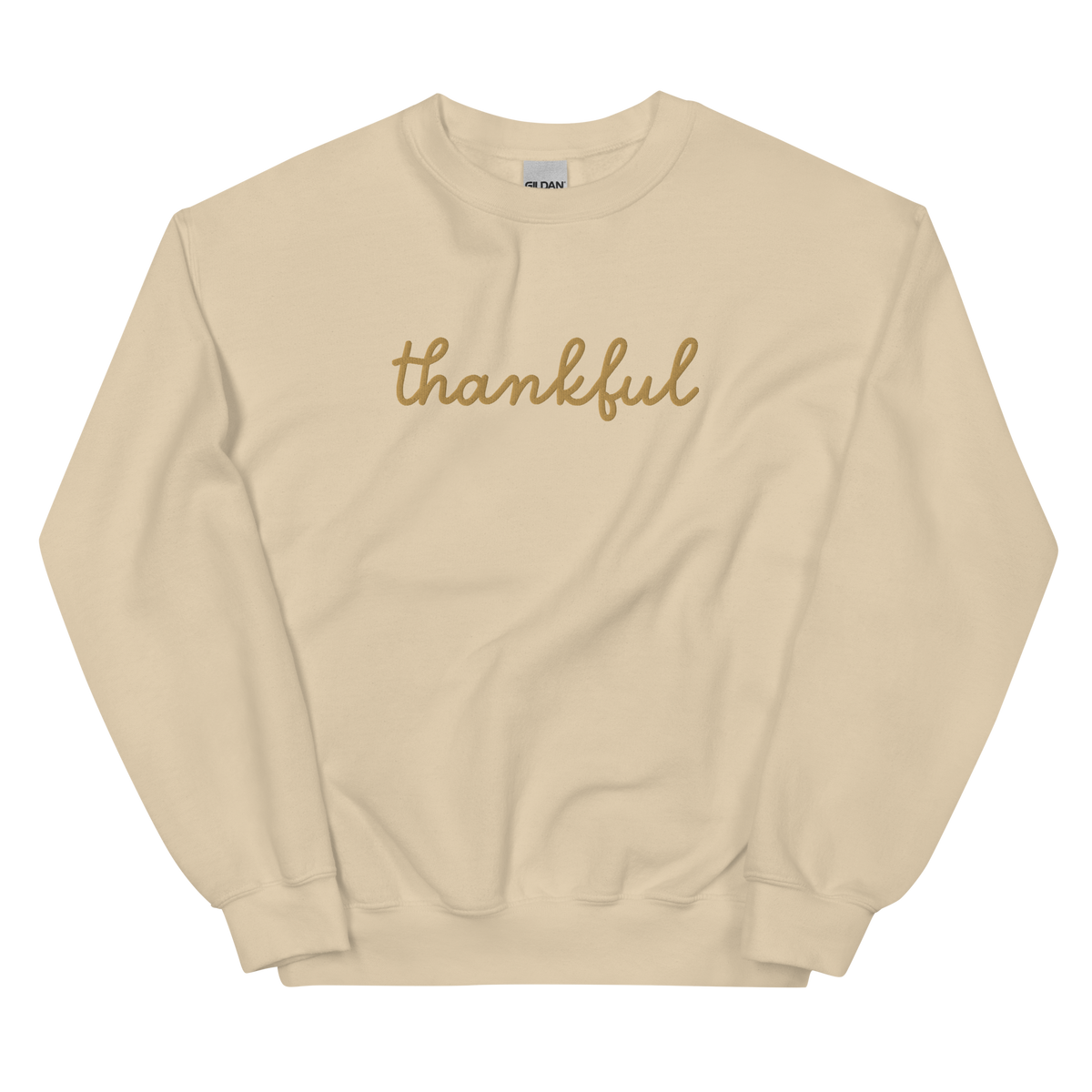 Thankful Script Sweatshirt graphic on Gildan 18000 in Sand