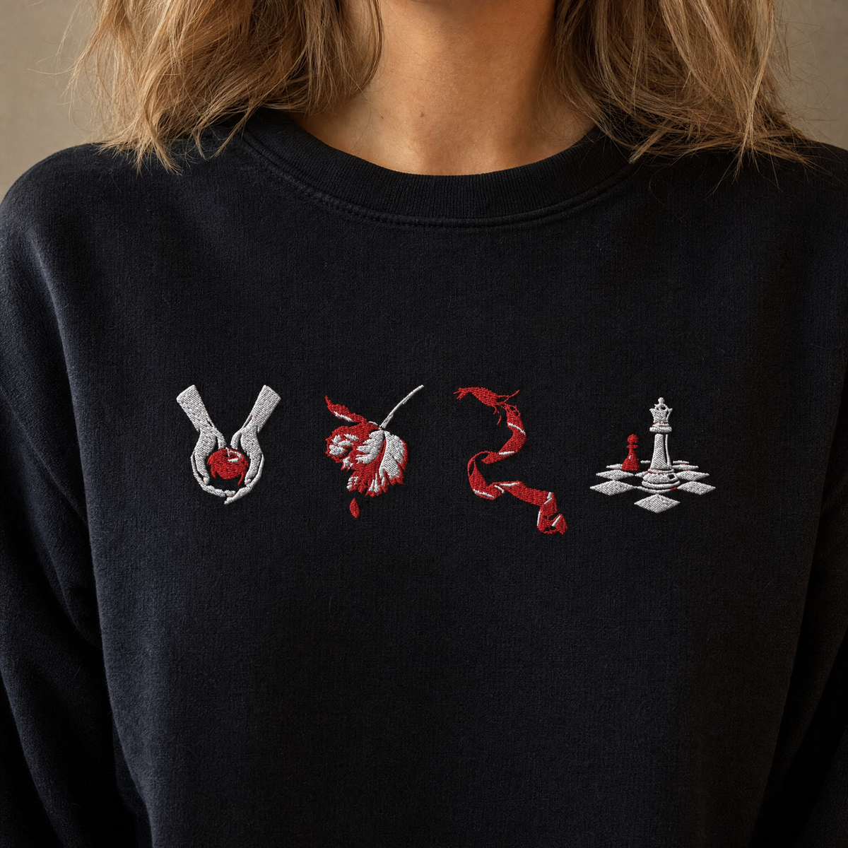 Model wearing the Twilight Saga Book Covers sweatshirt in Black, lifestyle image 1