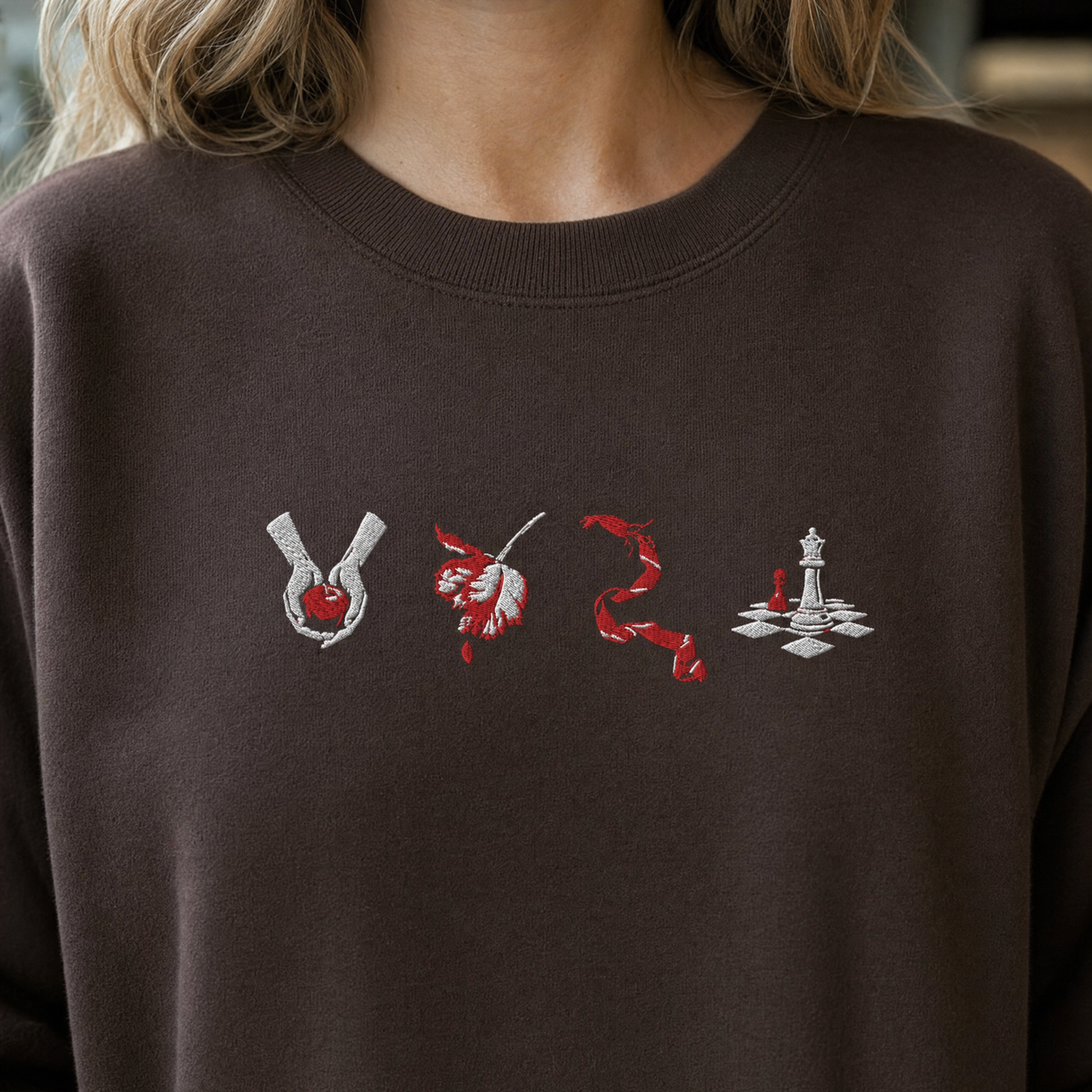 Model wearing the Twilight Saga Book Covers sweatshirt in Dark Chocolate, lifestyle image 2