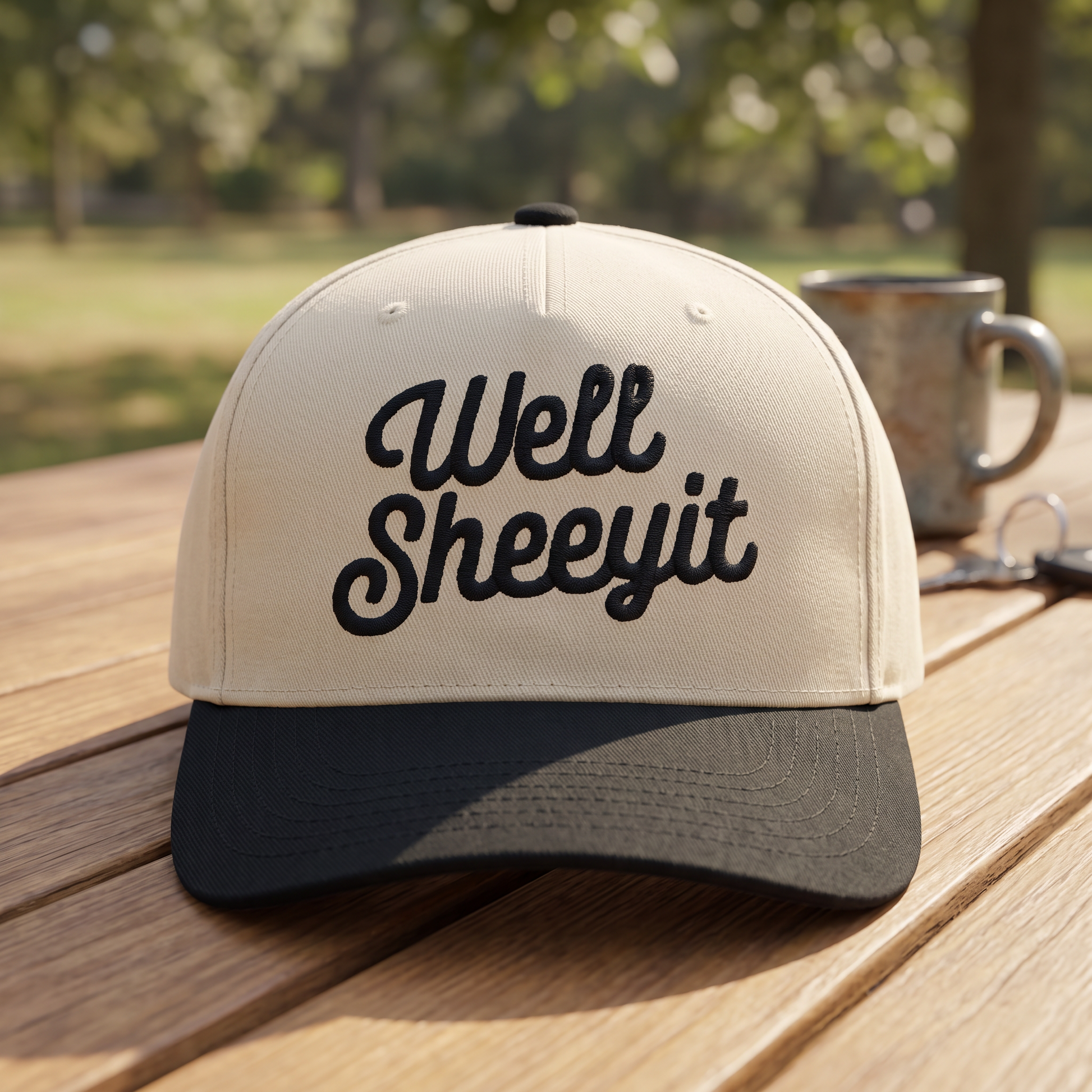 Well Sheeyit Southern Accent embroidered hat in Black/natural resting on a flat surface