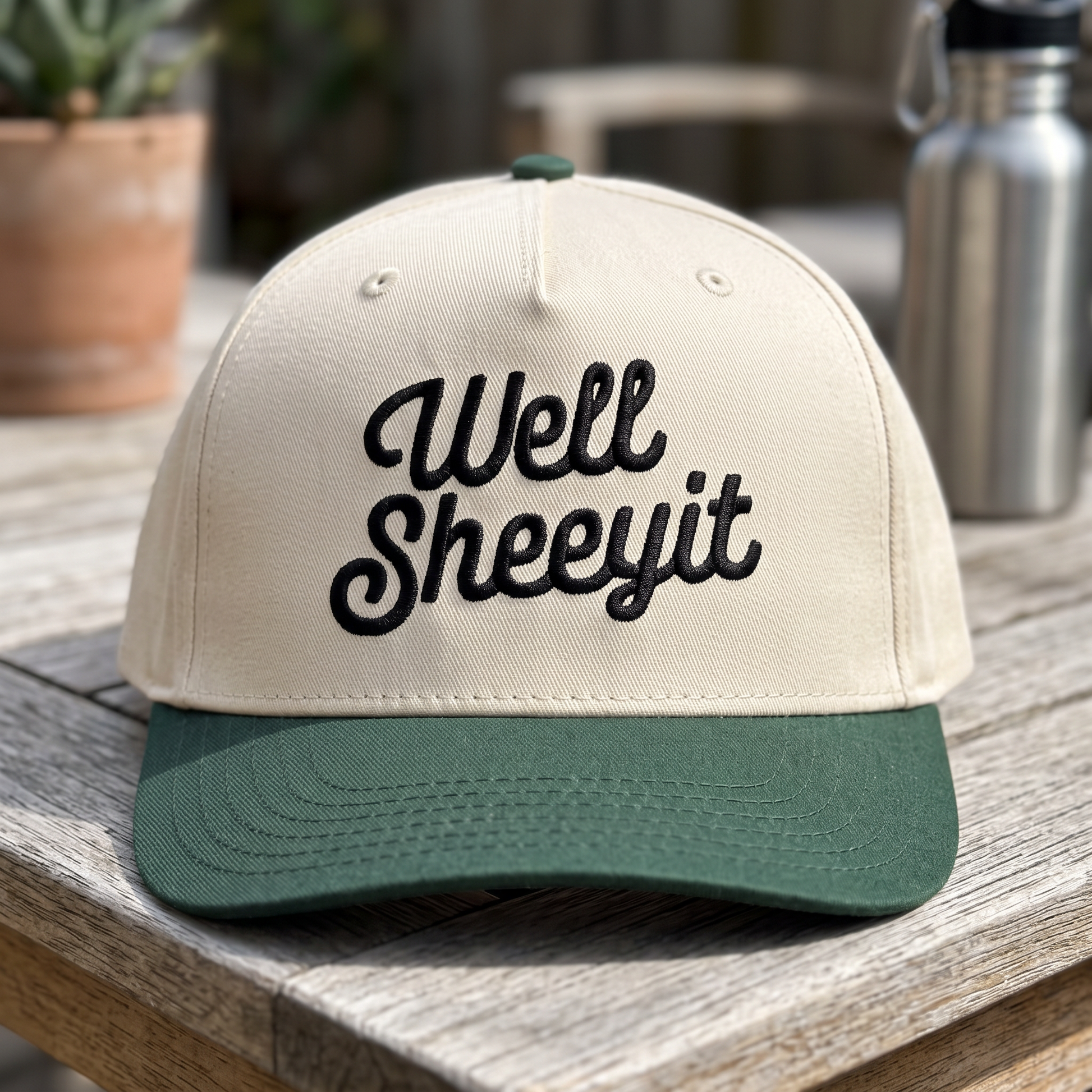 Well Sheeyit Southern Accent embroidered hat in Dark Green/natural resting on a flat surface