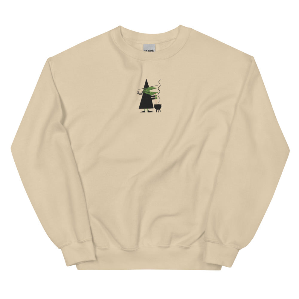 Witch Stirring Cauldron graphic on Gildan 18000 in Sand