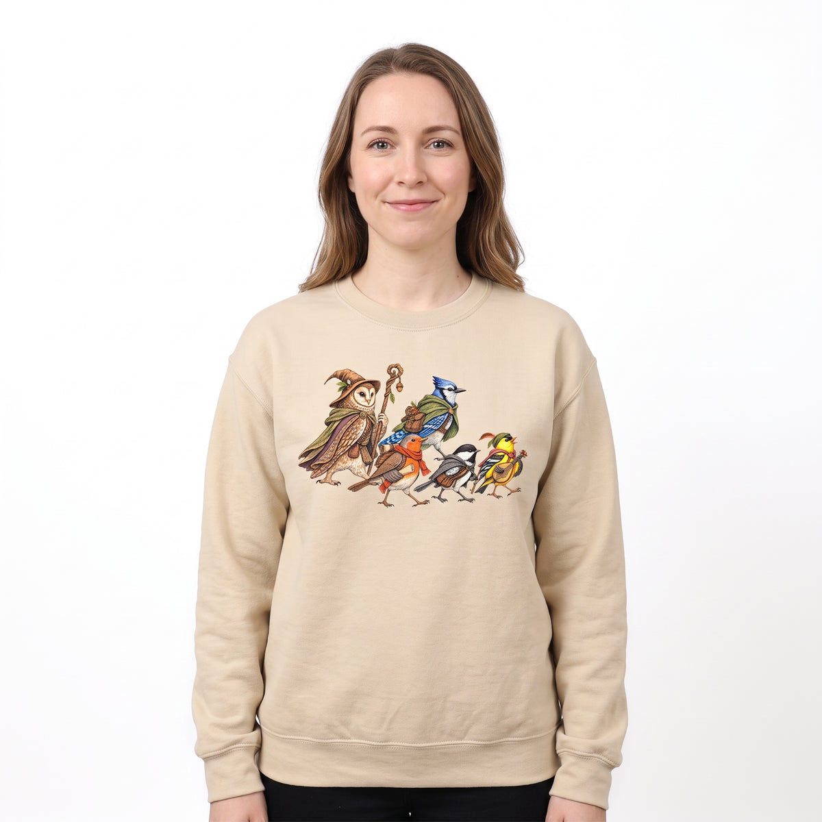 Model wearing the Fantasy Bird Adventurers sweatshirt in Sand, cover image 1